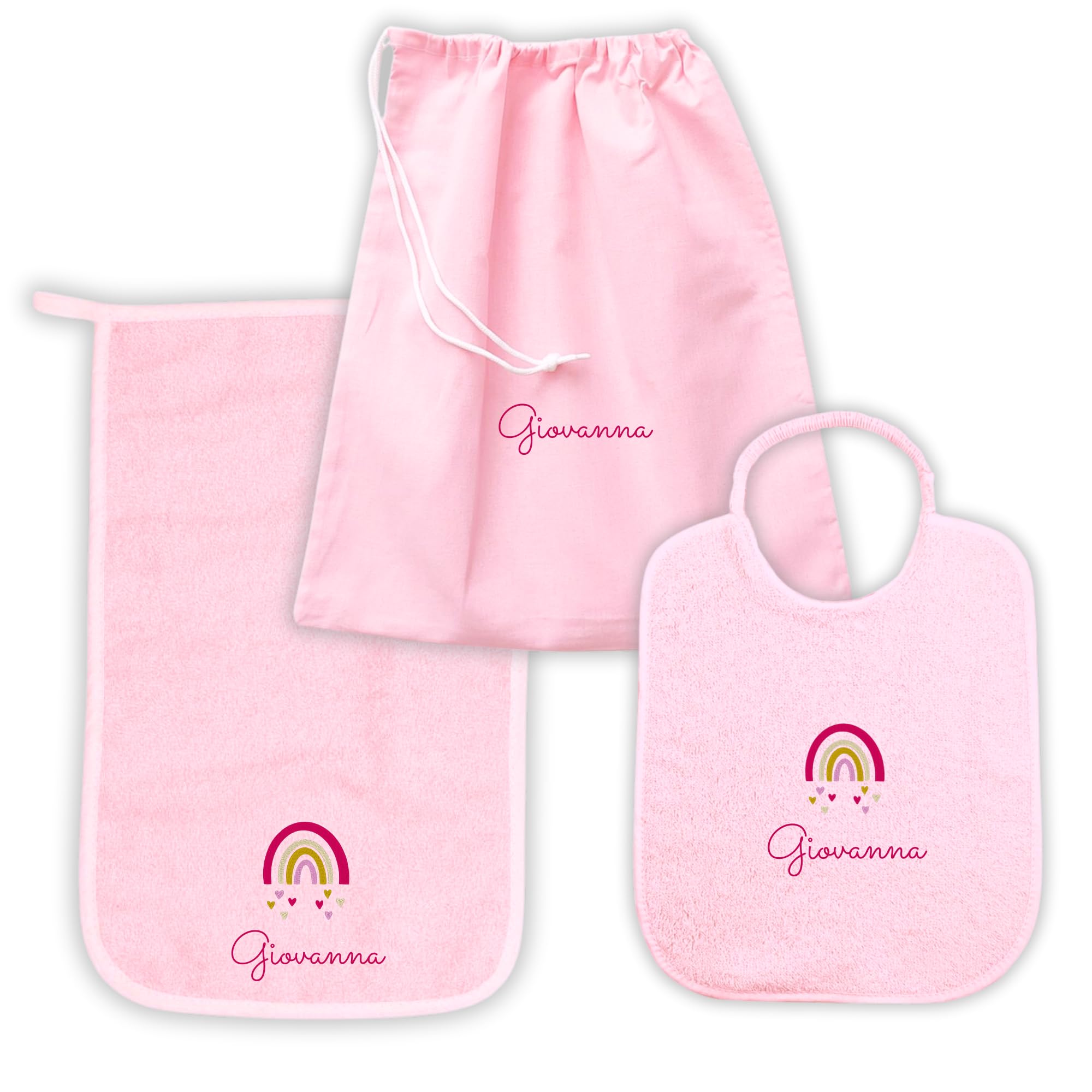 MAYRA Set Asilo Nido e Materna Personalizzato per Bambino e Bambina | Kit Bavaglino con Elastico o Laccetti, Asciugamano con Asola e Sacchetto Cambio | Ricamo Nome e Disegno | Made in Italy