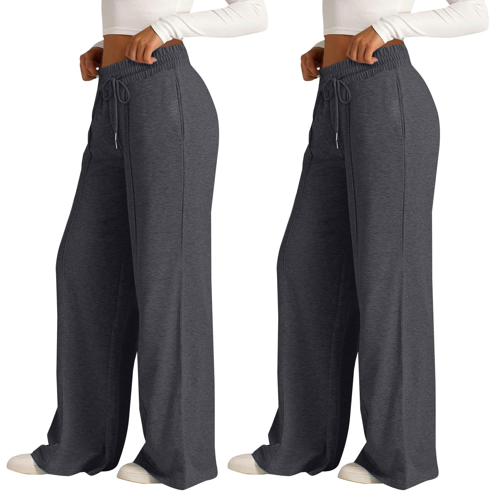 Pack de 2 pantalones deportivos largos con bolsillos para mujer, pantalones de chándal holgados de cintura alta, pantalones de pierna ancha, con cordón, cintura elástica, pantalones de chándal para