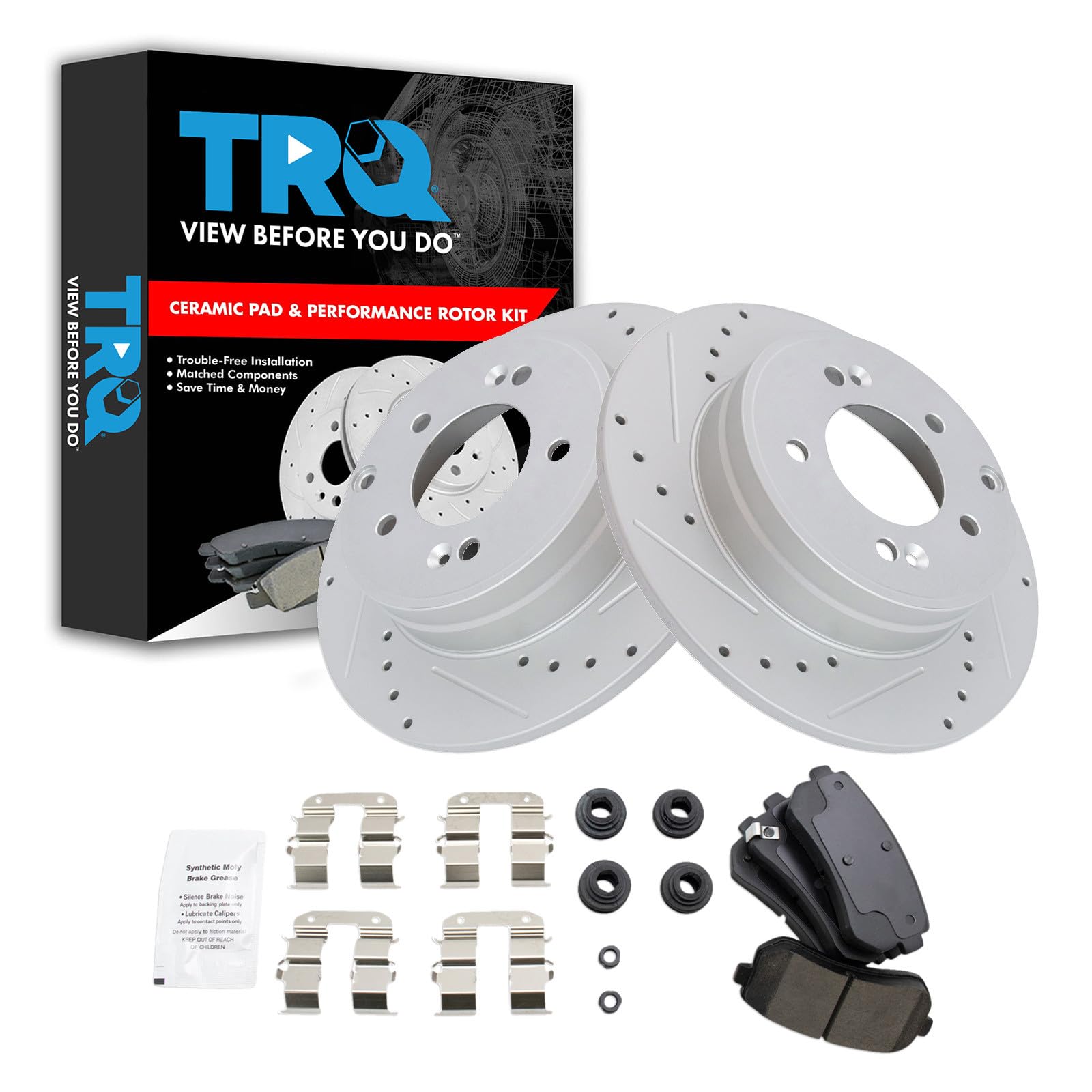 TRQ Performance Rear Brake Pad and Rotor Set Ceramic Coated Drilled Slotted Rotors Compatible with 2015 Hyundai Sonata 2014-2016 Kia Cadenza