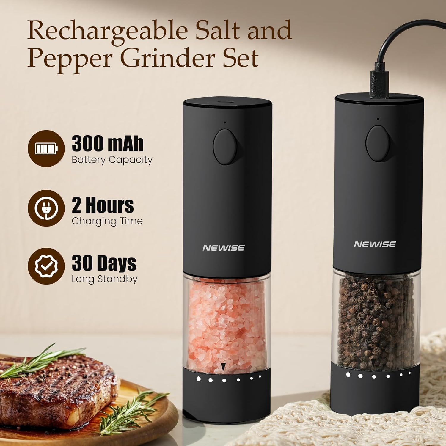 Newise Electric Salt & Pepper Grinder Set, Rechargeable with LED Light & External Coarseness Adjustment, One-Hand Operation, Birthday Kitchen Gifts for Mom Home Cooks & Families - Black