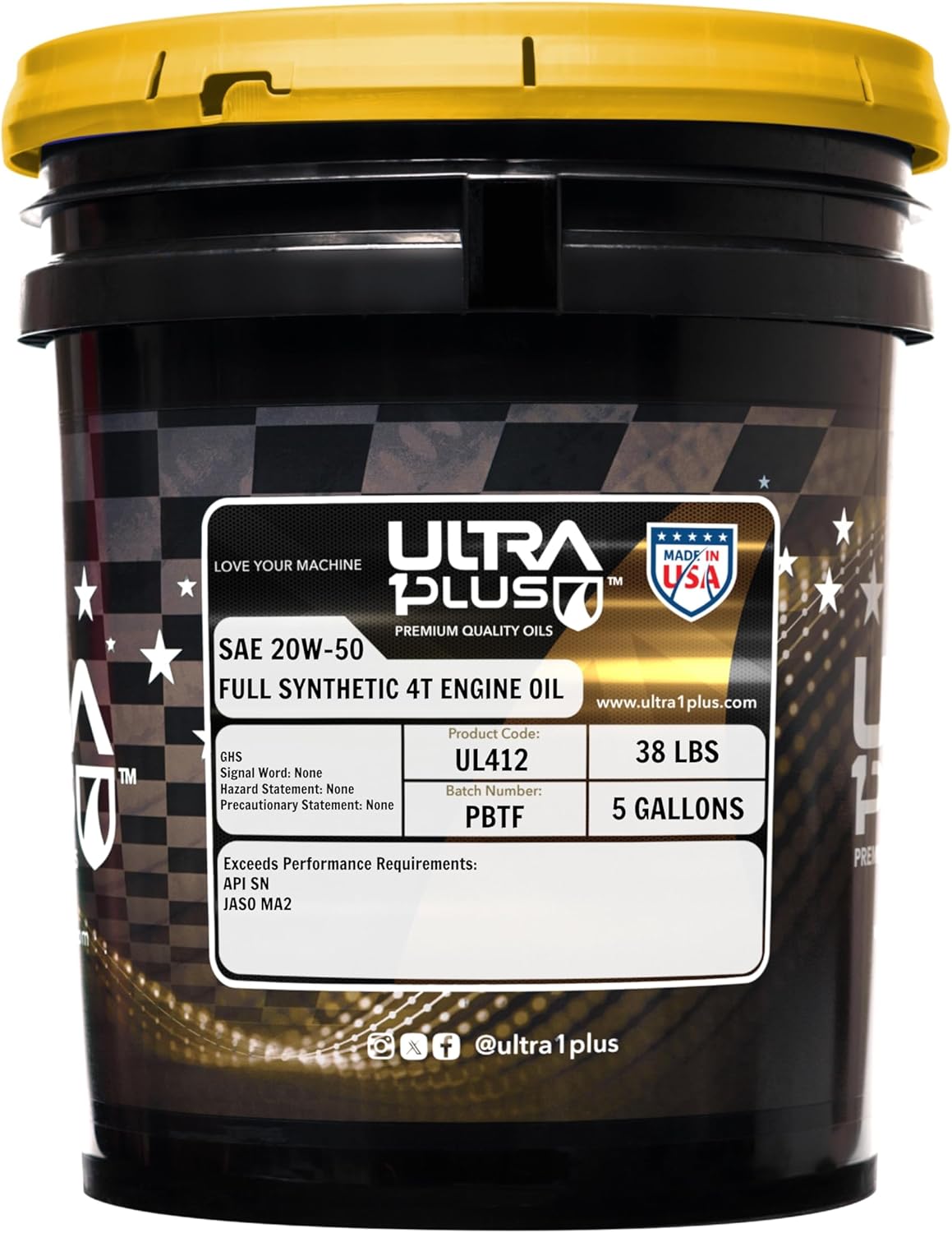 Ultra1Plus 4T 20W-50 Full Synthetic Motorcycle Oil API SN JASO MA2-20W50 Motor Oil 5 Gallon Pail