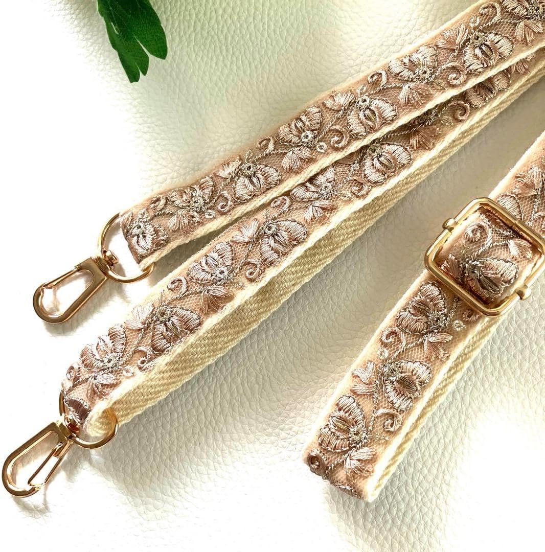 インド刺繍リボンショルダーストラップ スマホショルダー ベージュリボン 細め