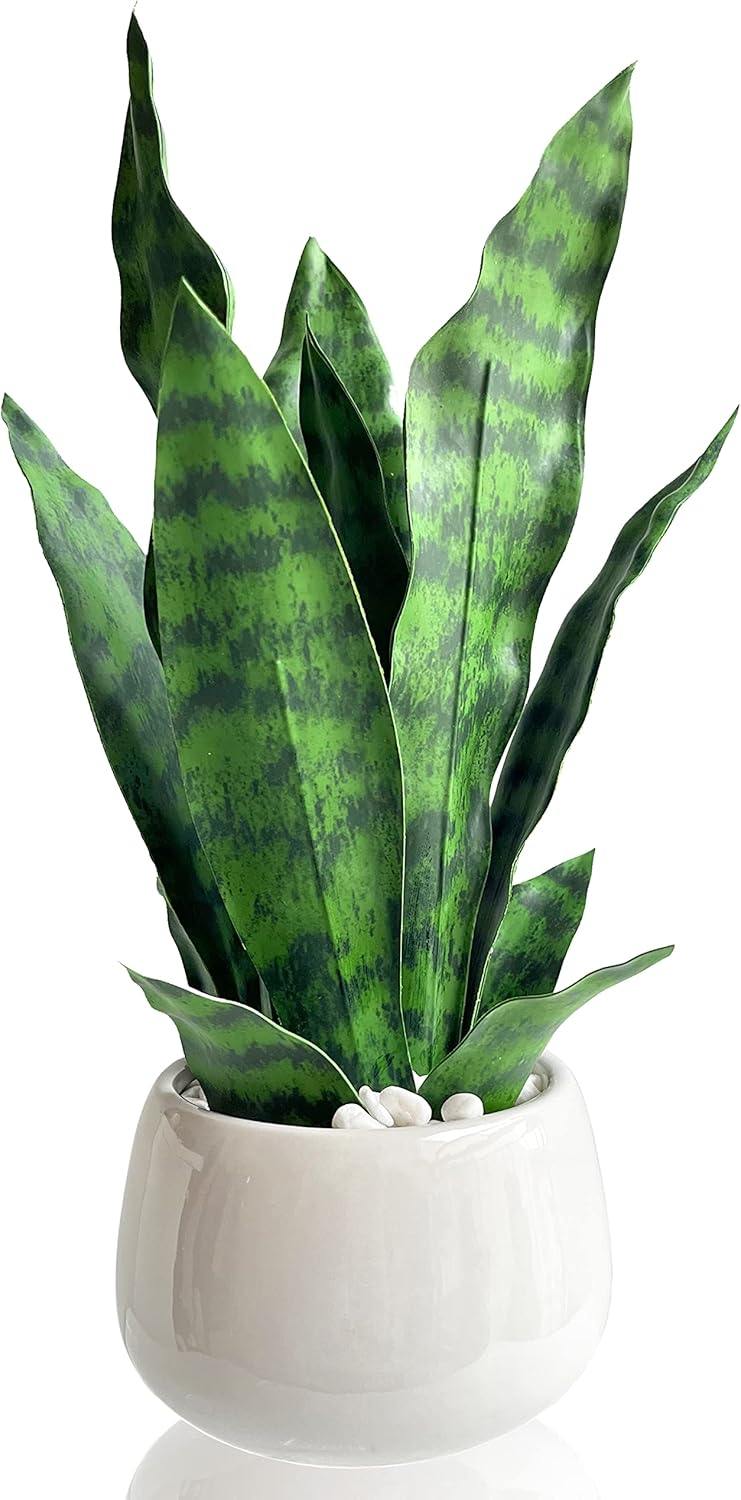 DUZYXI Artificial Snake Plant 15" with White Ceramic Pot