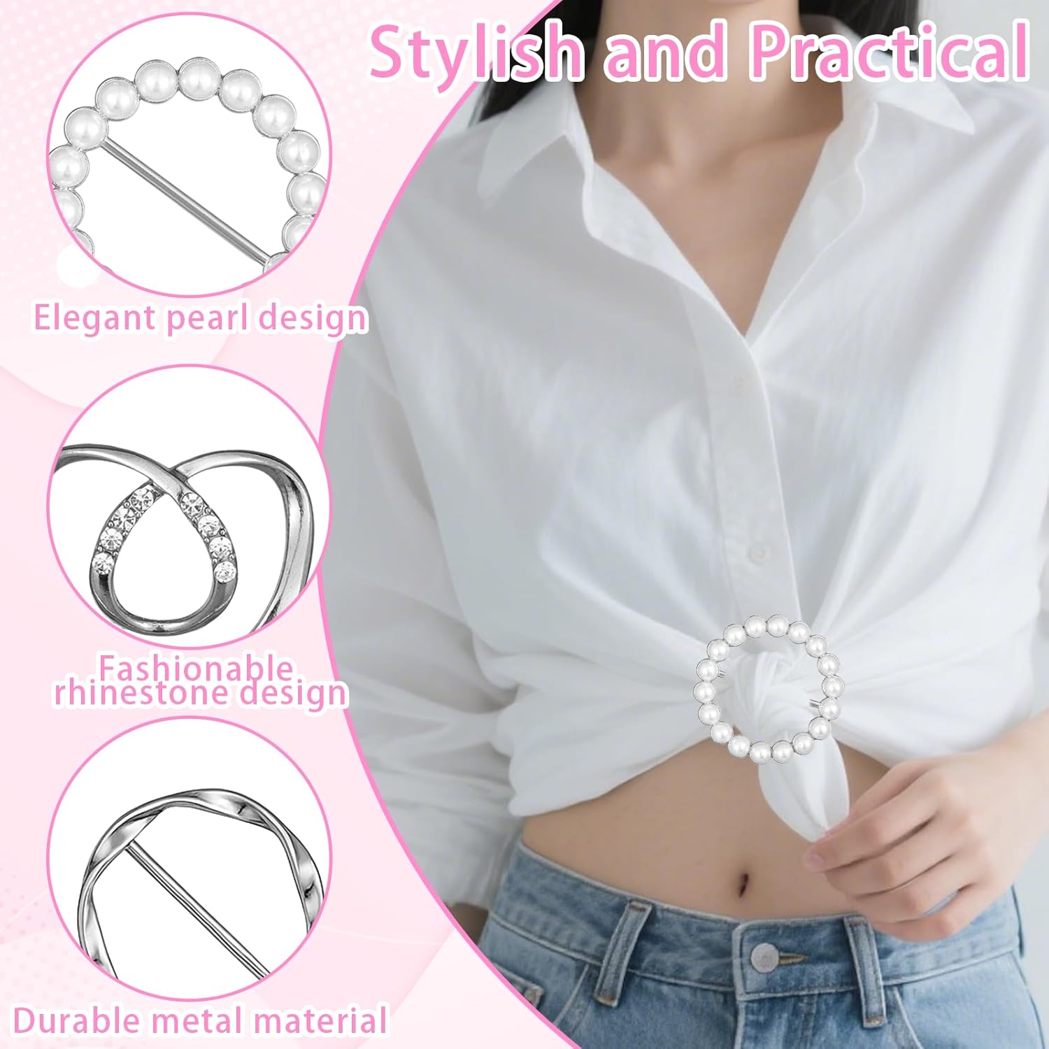 Giantree 6-Piece Scarf Loop Clip, Cute Scarf Buckle, Women's T-Shirt Tie Clips Clothing Corner Fastening Buckle, Fashionable Metal Round Shirt Clip for Loose Clothes Shirts and Dresses (Silver/Gold) - Image 2