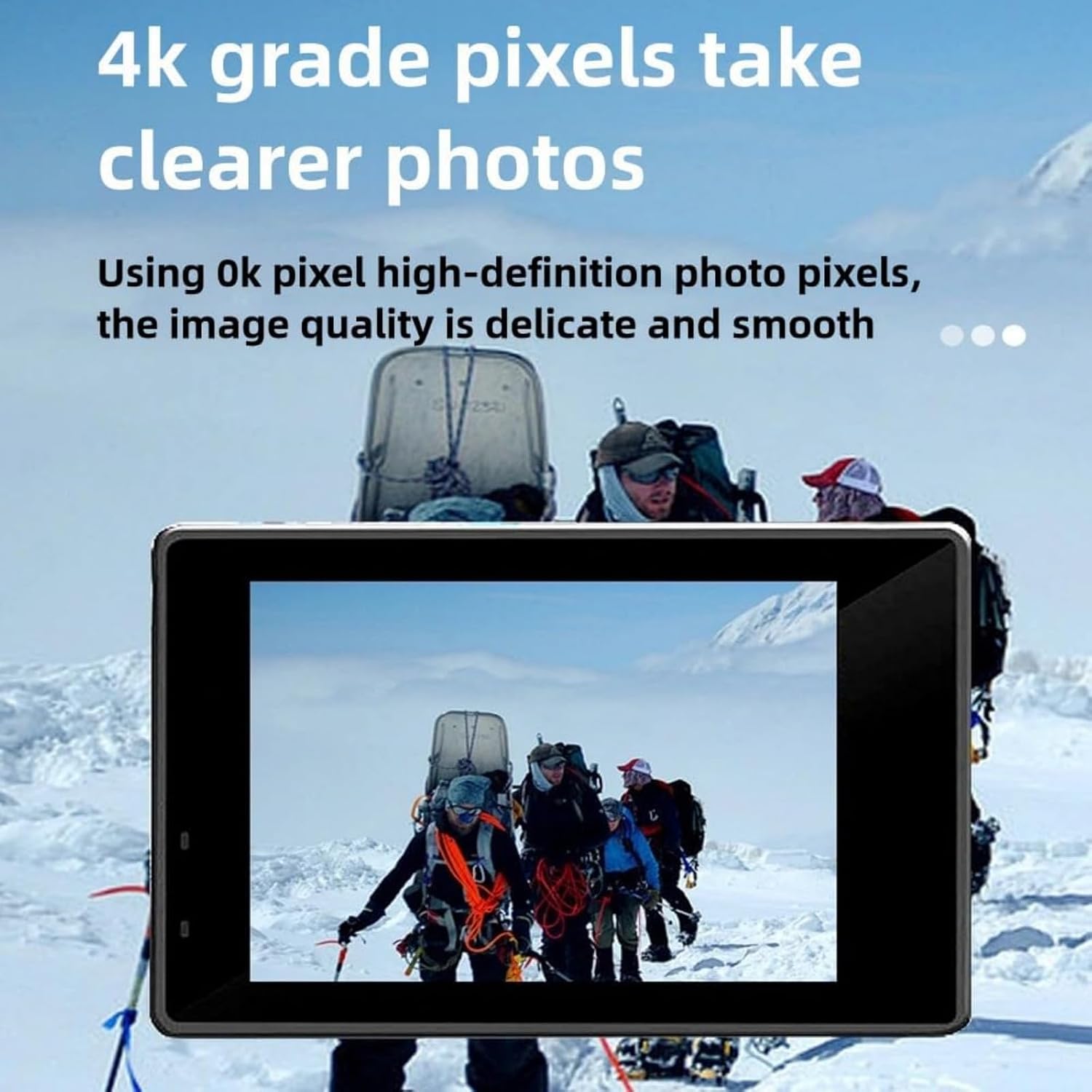 Roamix Vision+ 4K Action Camera displaying a high-resolution photo on its screen.