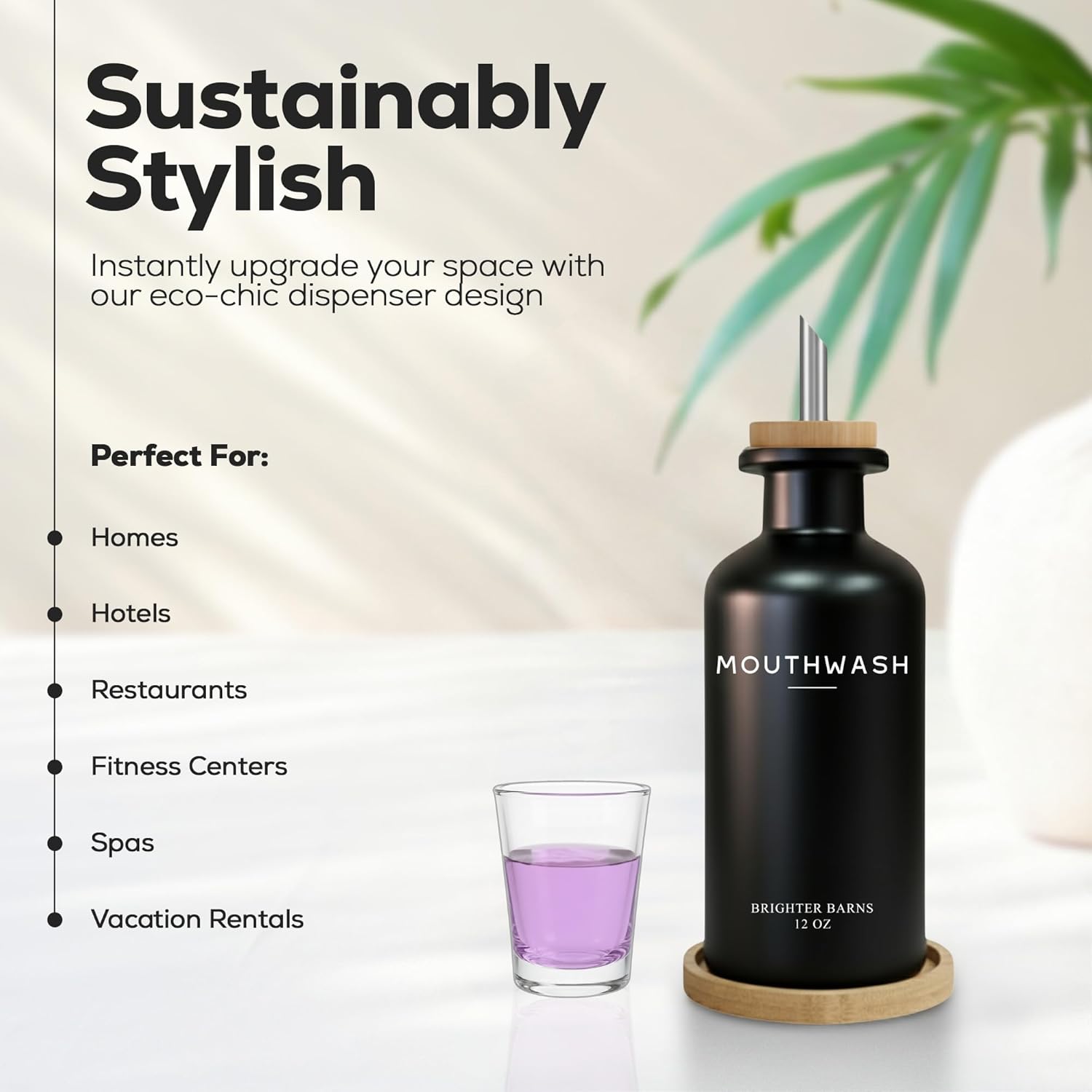 Black Glass Mouthwash Dispenser for Bathroom by Brighter Barns - Mouth Wash Dispensers for Bathroom Sink- Boho Mouthwash Container - Modern Bathroom Decor for Airbnb, Gym, Dental Office, Gift (Black) - Image 2