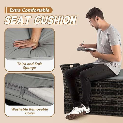 Miniatura 4 de Banco de almacenamiento de mimbre para exteriores de 90 galones con cojín, caja de mimbre de polietileno para patio con asas (gris), gris