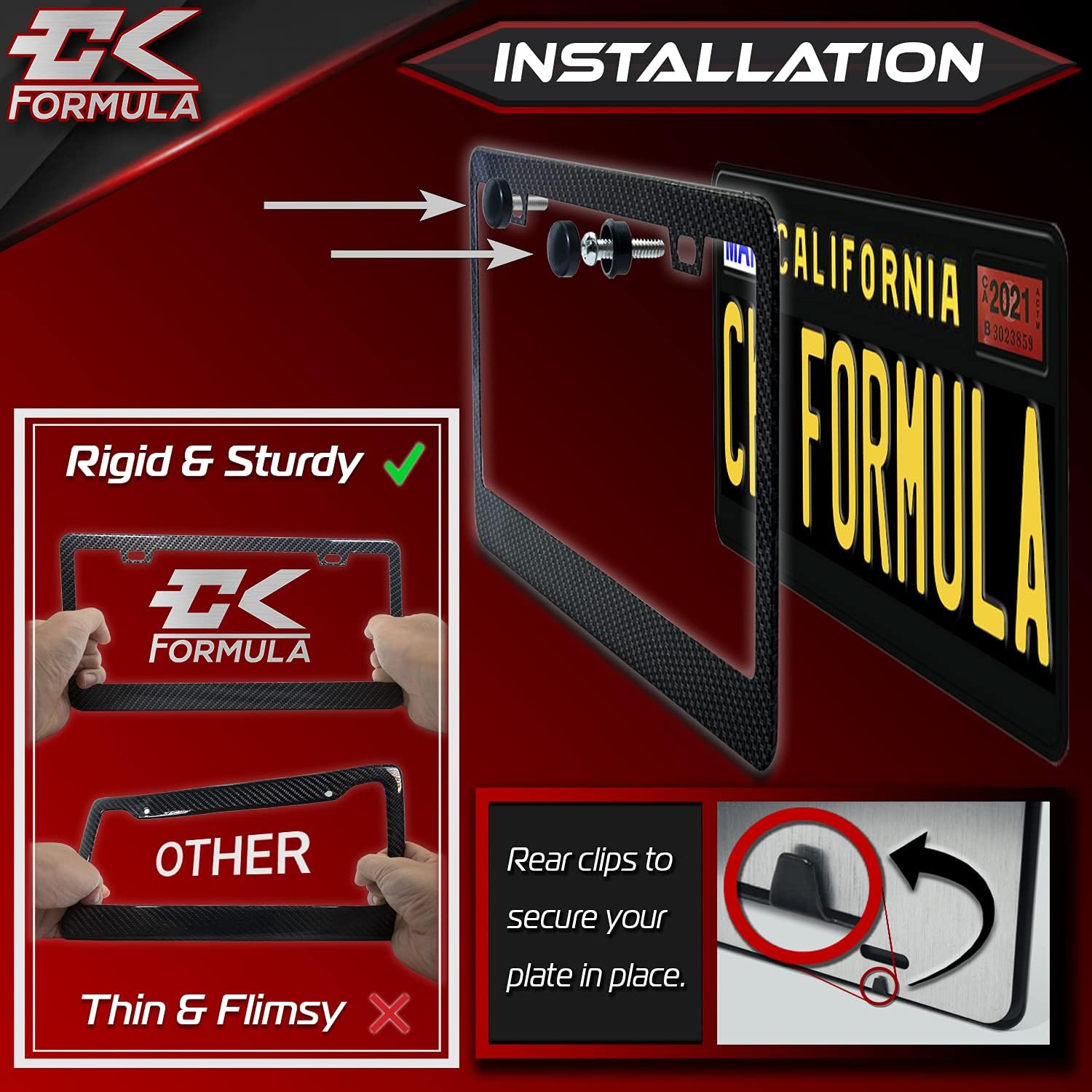 CK Formula Black Carbon Fiber Printed Aluminum License Plate Frames, 2 Screw Holes with Install Kit, UV Protection Clear Coat, Weatherproof, 2 Pieces