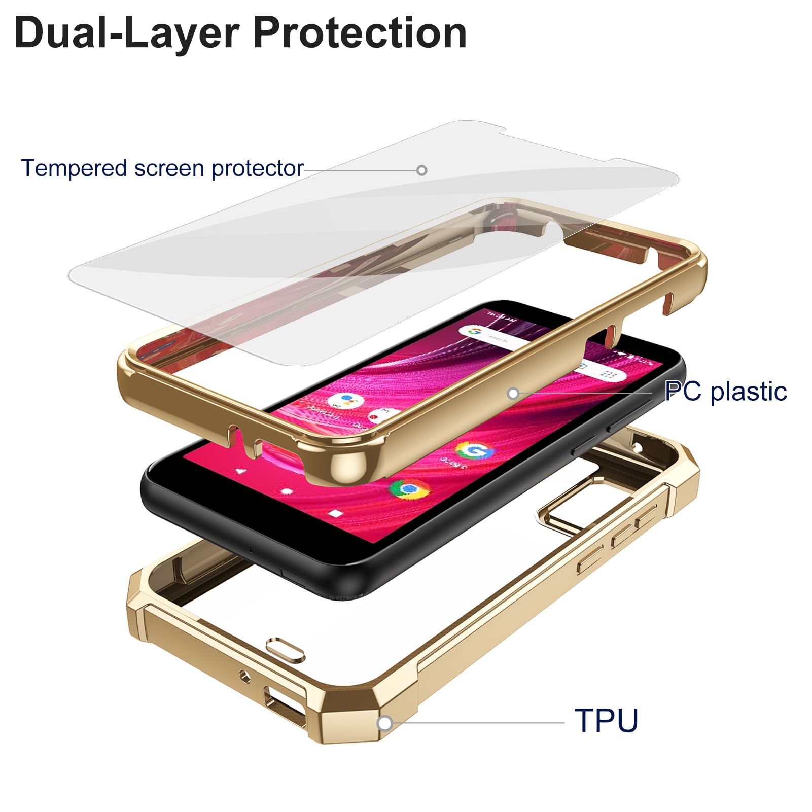 Ailiber Case For BLU Studio Mini 2023 – Clear Shockproof Case With Screen Protector, Anti-Yellowing, Gold Bumper-487492