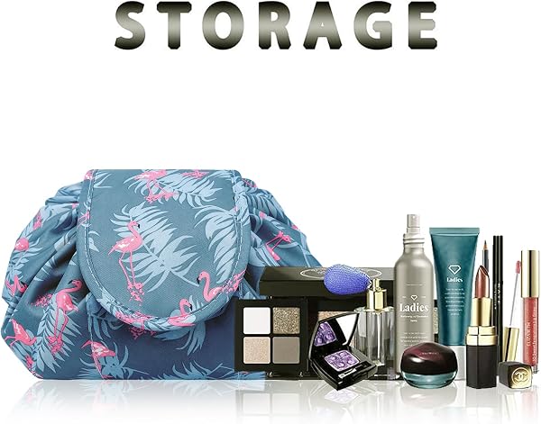 Lazy Drawstring Makeup Bags, Large Capacity Waterproof Travel Portable Cosmetic Bag Pouch Makeup Pouch Storage Organiser for Women Girl (Flamingo) - 2