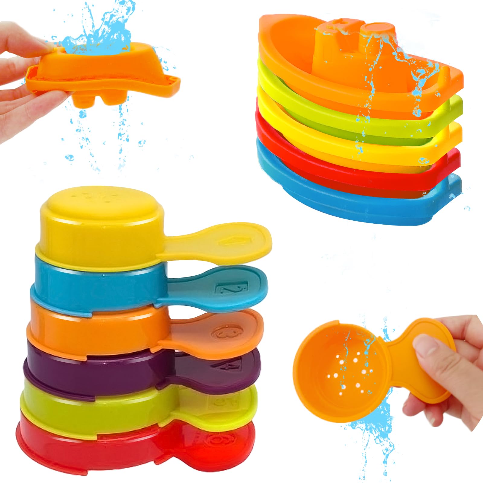 11 PCS Bath Floating Boats Bathing Spoons Toy,Stackable Bathtub Float Water Table Stacking Shower Toys for Toddlers Educational Counting