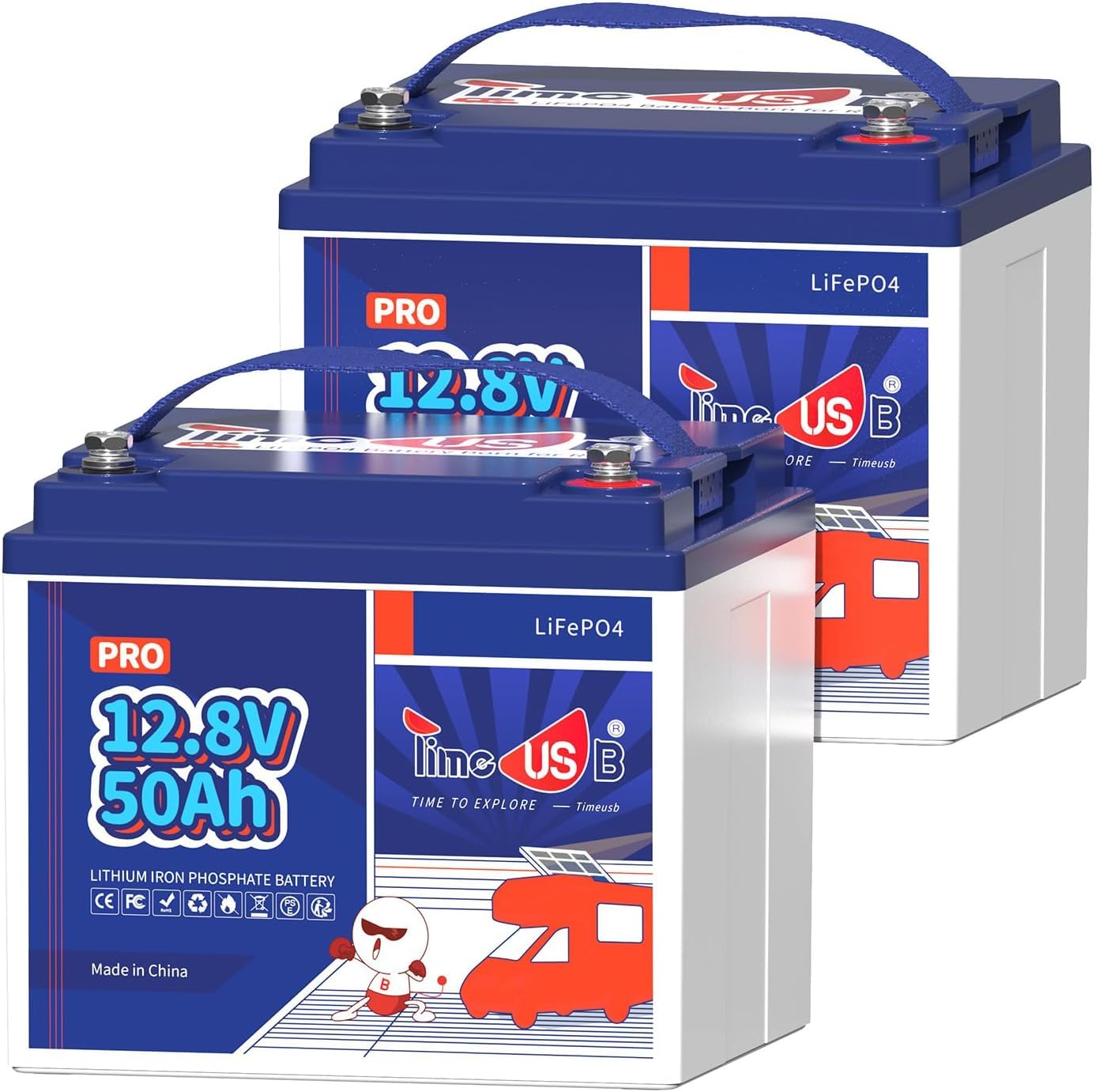 Timeusb Batteria Litio 12V 50Ah LiFePO4,640Wh per Camper e Solare(2 Pezzi) | 50A BMS con 15.000 Cicli Profondi,Batteria Ricaricabile Perfetta per RV,Off-Grid,Pannelli Solari,Barca,Trolling Motor