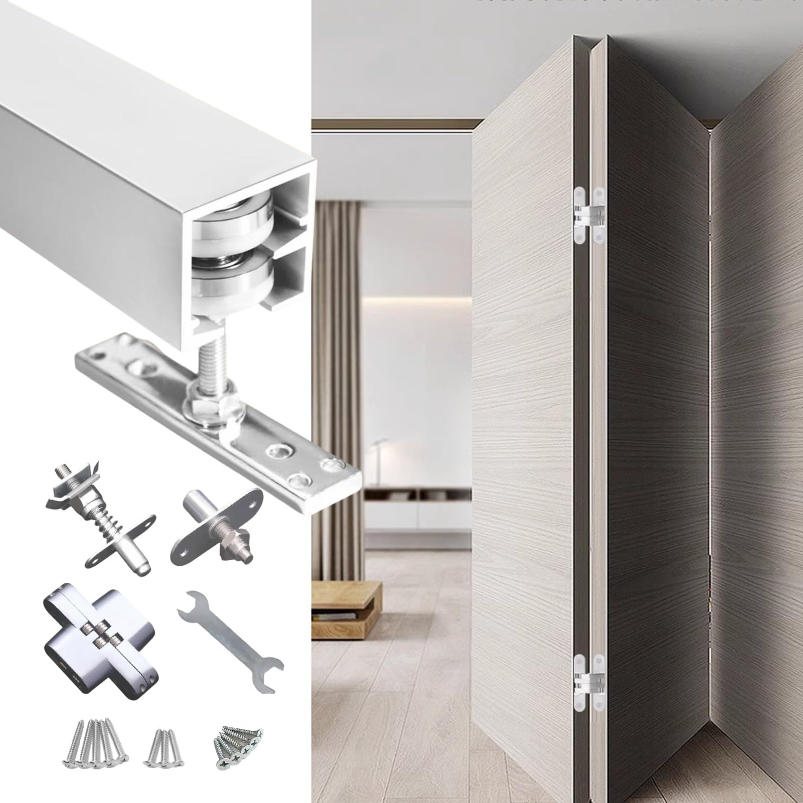 Kit de herrajes para puerta corredera de granero plegable, rieles montados en la parte superior para paneles deslizantes lisos, ideal para uso en armario de dormitorio