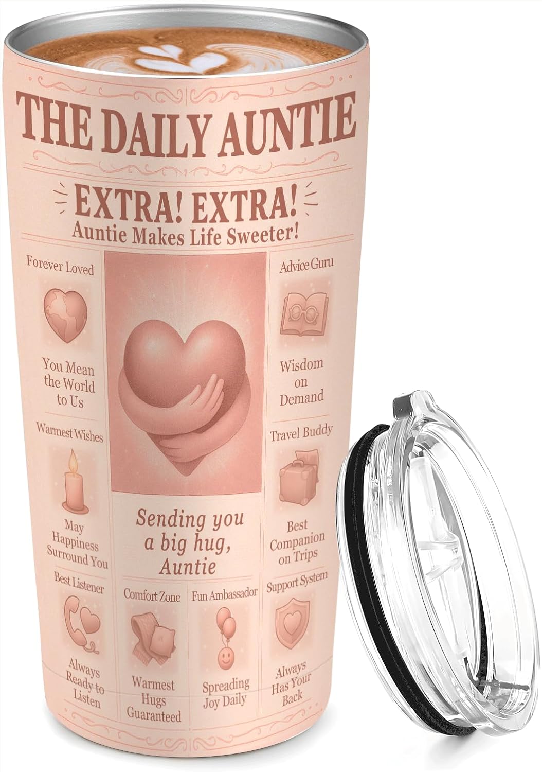Aunt Gift 20oz Auntie Tumbler - Vintage Newspaper Pink Travel Cup, Insulated Stainless Steel, Car Cup Holder Friendly, Birthday Christmas, Best Aunt Ever Gift from Niece or Nephew - Image 2