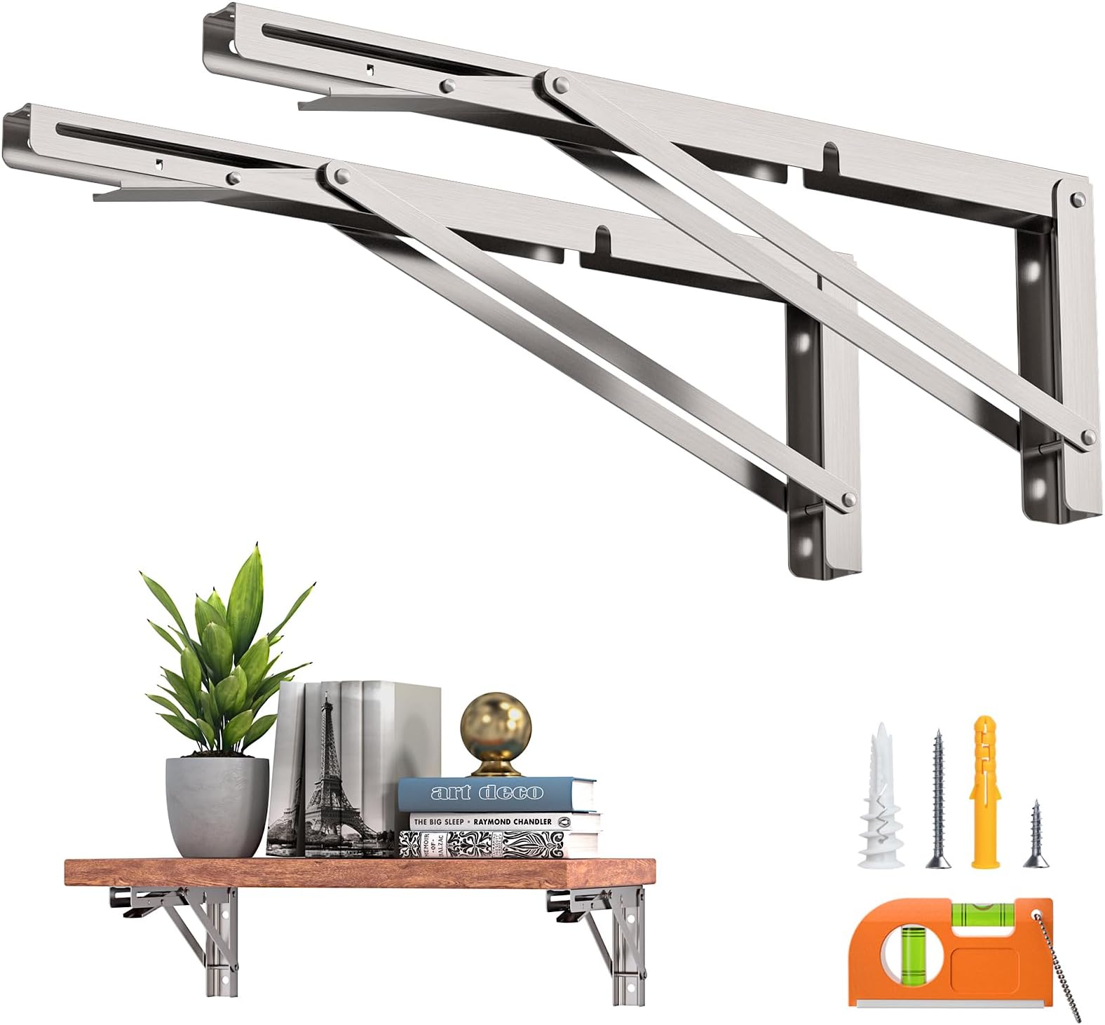 Folding Shelf Brackets 12 Inch, 2pcs Heavy Duty Stainless Steel Collapsible Shelf