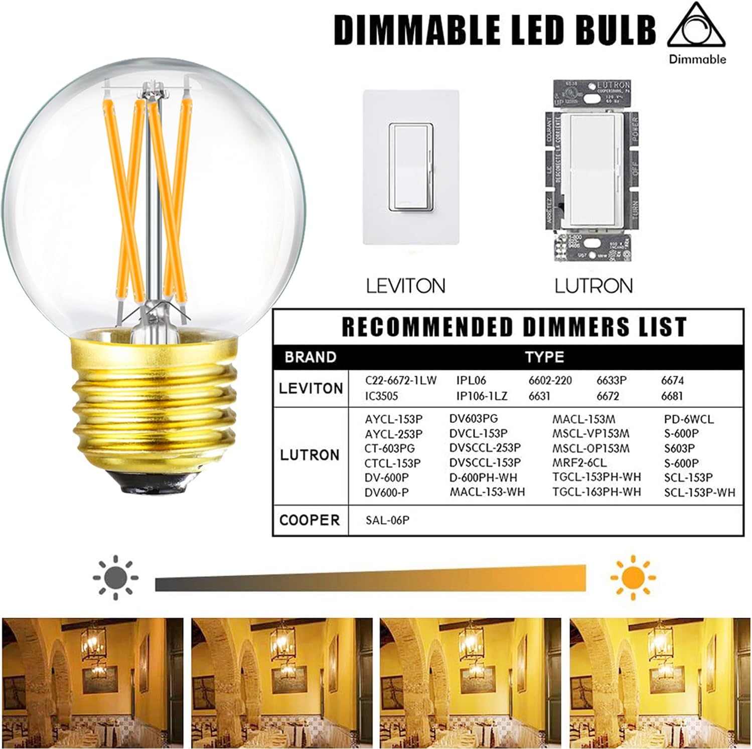 Leools Dimmable g16.5 led Bulb 40W g16 1/2 led Edison Bulb 2700K 4W e26 led Globe Bulb for Ceiling Fan,Chandelier,Vanity Light Bulb AC120V G50 400lm 6Pack