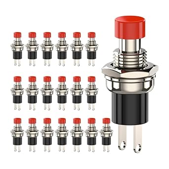 20pcs Momentary Push Button Switch, 1A 250VAC SPST Pushbutton Switches Normally OpenNO Black & Red Cap20pcs Red