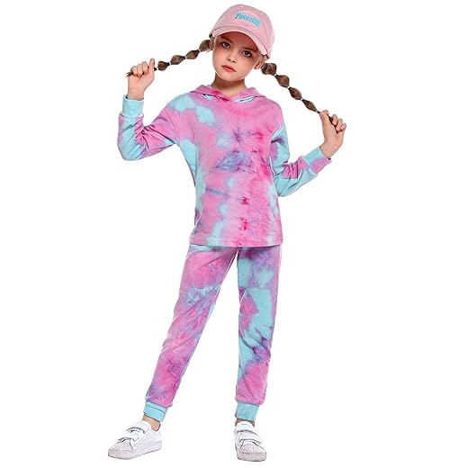 Arshiner Girls Clothes Pullover Hooded Sweatshirt and Sweatpants Set Gradient Blue 9-10 Years