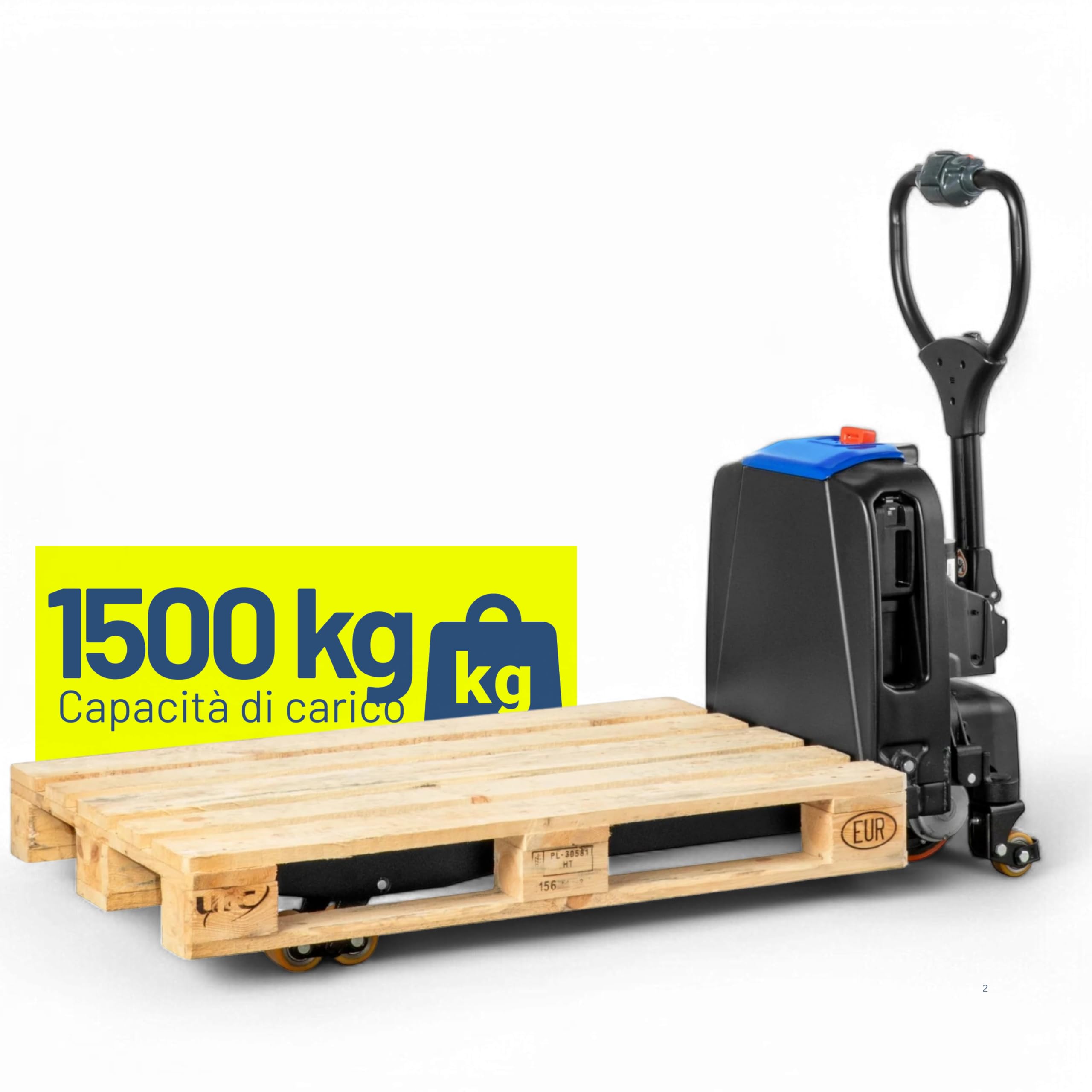 Pallit Transpallet Elettrico 1500 kg ONE-F4 con Batteria Litio 20 Ah, Carrello Elevatore Compatto per Spazi Stretti, Muletto Elettrico Sicuro con Rulli di Supporto