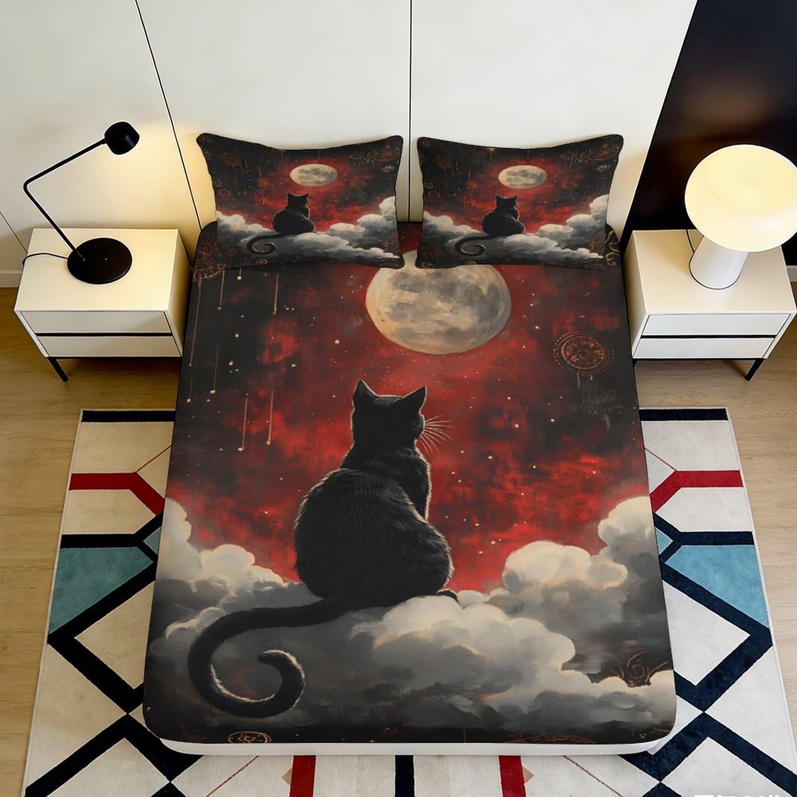 3D Printed Black Cat Moon Fitted Sheet Microfiber Deep Pocket Non-Slip Bedroom Bedding Black Cat Mattress Fitted Cover Full Wrap Washable 200x200x25cm 90x200x25cm