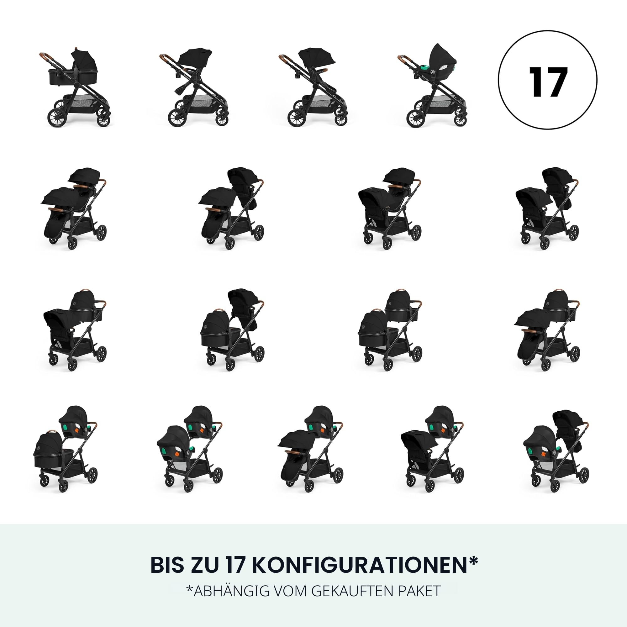 Ickle Bubba Virgo Growing Family 11-teiliger Kinderwagen Einzel- bis Doppel-Tandem mit Babywanne Fußsäcken Regenschutz Schwarz
