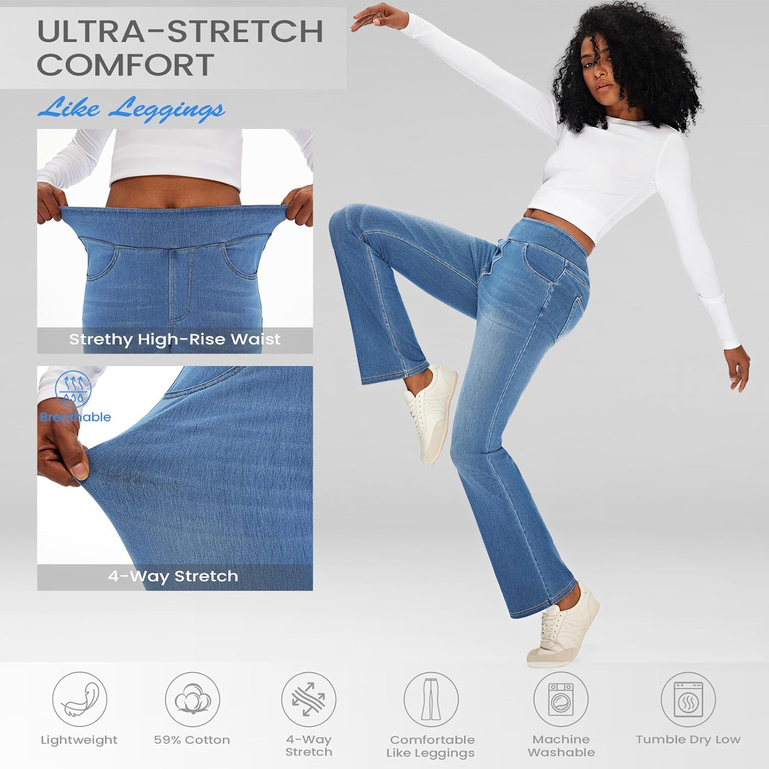 Fanica High Rise Bootcut Jeans for Women, Stretchy Pull On Elastic Waist Denim Pants - Image 4