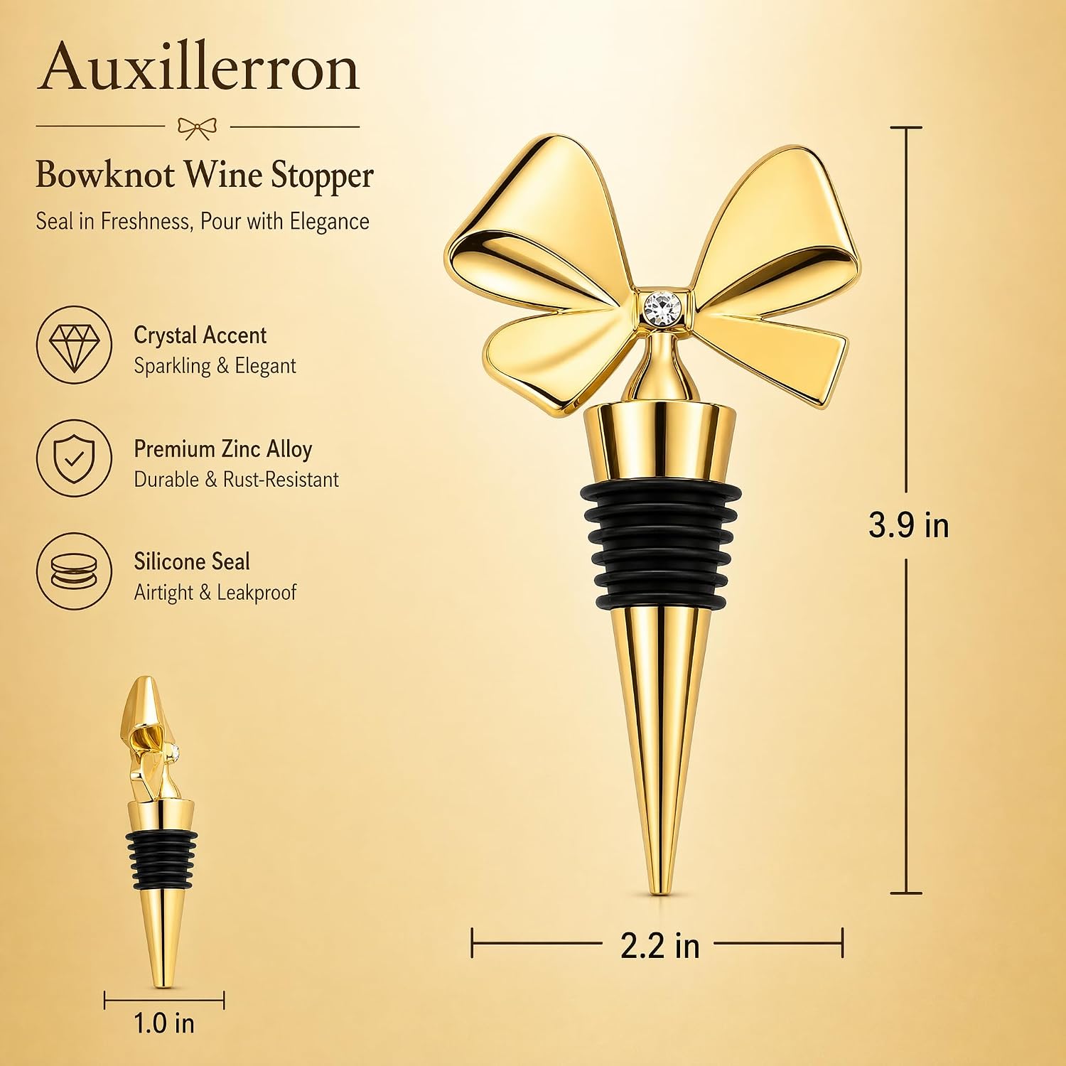 Gold Bow Wine Stopper, Coquette Aesthetic Bar Cart Accessories for Women, Decorative Zinc Alloy Bottle Plug, Elegant Reusable Wine Preserver for Home Bar & Aesthetic Kitchen Decor