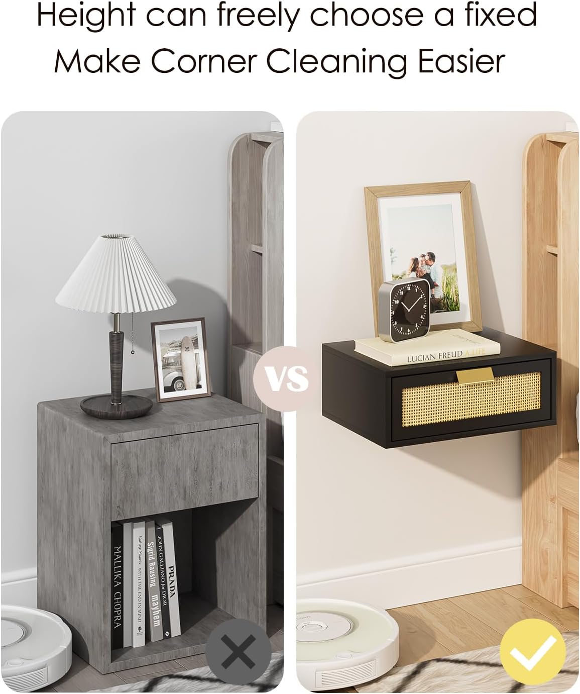 Floating Nightstand, Floating Shelf with Drawer, Wall Mounted Nightstand, Floating Bedside Table (Black Rattan)