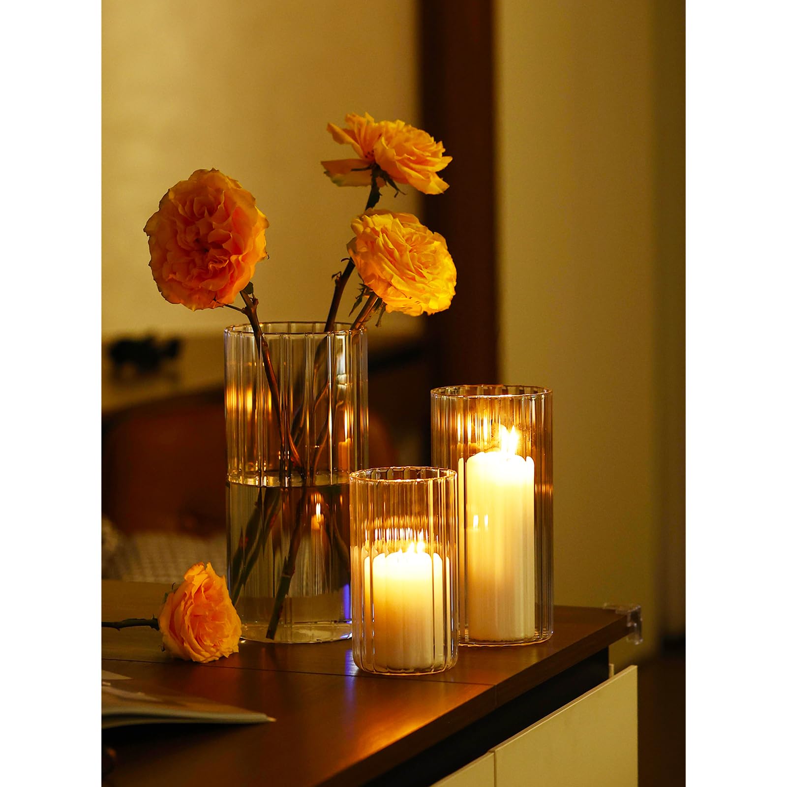 PHOSPHOR Cylinder Glass Candle Holder 6'', 8'', 10'', Hurricane Candle Holder for Pillar Candle Clear Glass Cylinder Centerpieces Glass Vases Floral Room Decor 3 Pieces