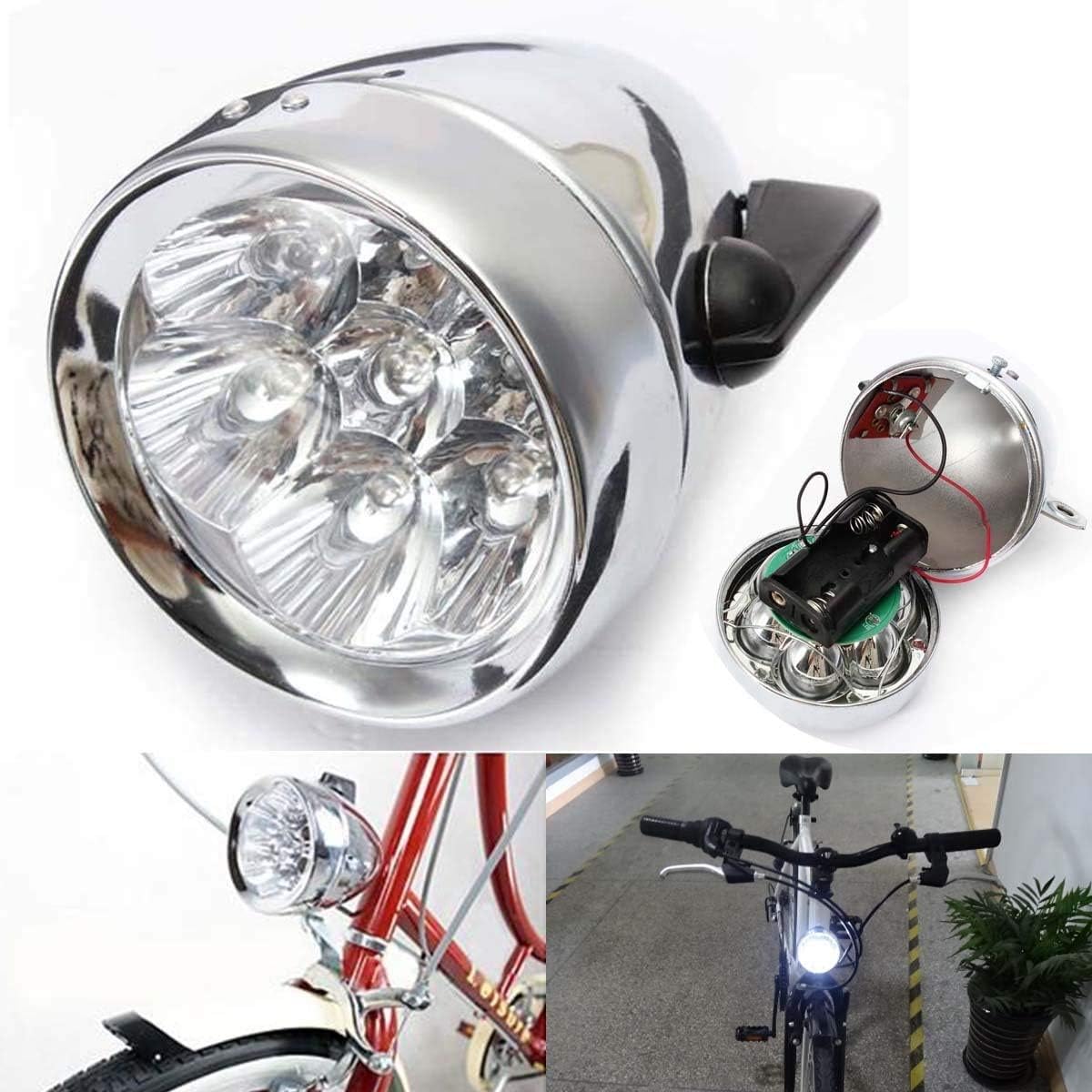 Lampe Vélo Avant LED Style Rétro - Chrome, Coque Métal, éclairage Sécurité Classique