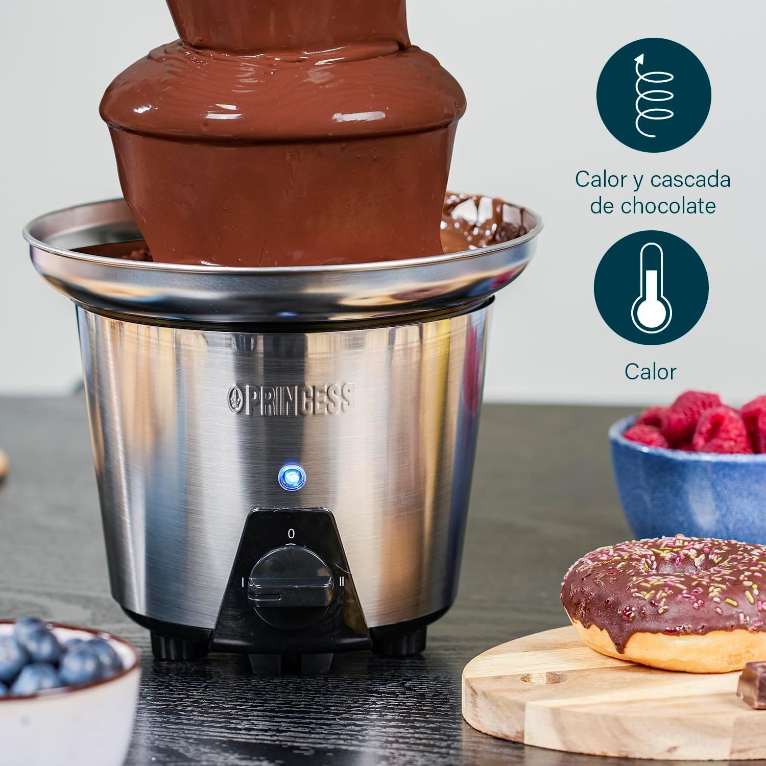 Princess 292998 Fuente de chocolate XL con 2 ajustes de potencia, 3 alturas, 0,7 litros de capacidad, 32.5 cm de altura, carcasa de acero inoxidable, apta para todo tipo de chocolate, 90 W