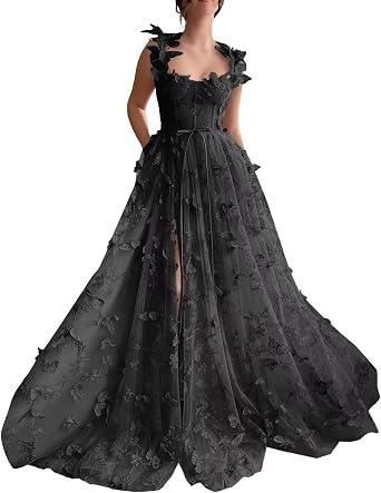 3D Butterfly Tulle Prom Dresses Lace Applique Black Spaghetti Straps Sweetheart Puffy Long Princess Dress Formal Evening Gowns for Women US6