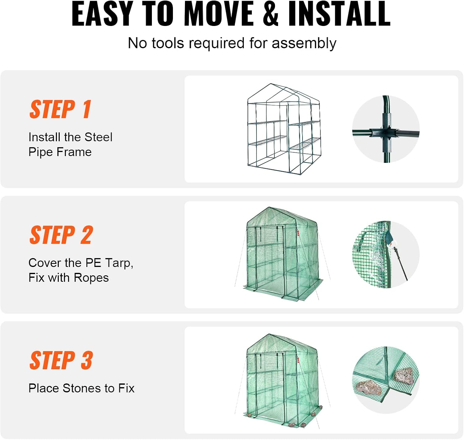VEVOR Walk-in Green House, 55.5 x 55.5 x 78.7 inch, Portable Greenhouse with Shelves, High Strength PE Cover with Roll-up Zipper Door and Steel Frame, Set Up in Minutes, for Planting and Storage