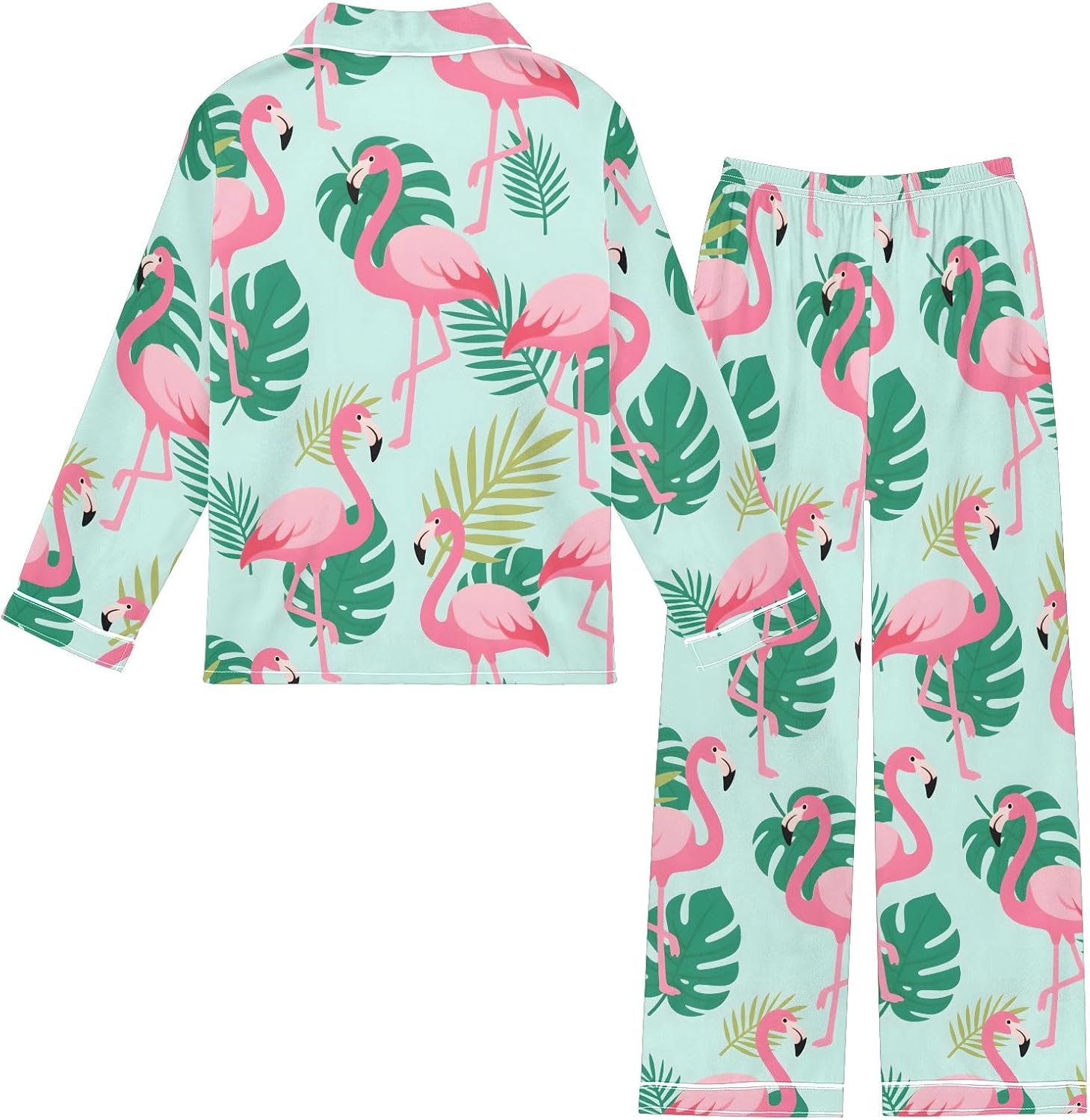 Kids Casual Satin Wear Set Flamingo Tropical Leaves Pattern Unisex Relaxed Fit Clothing
