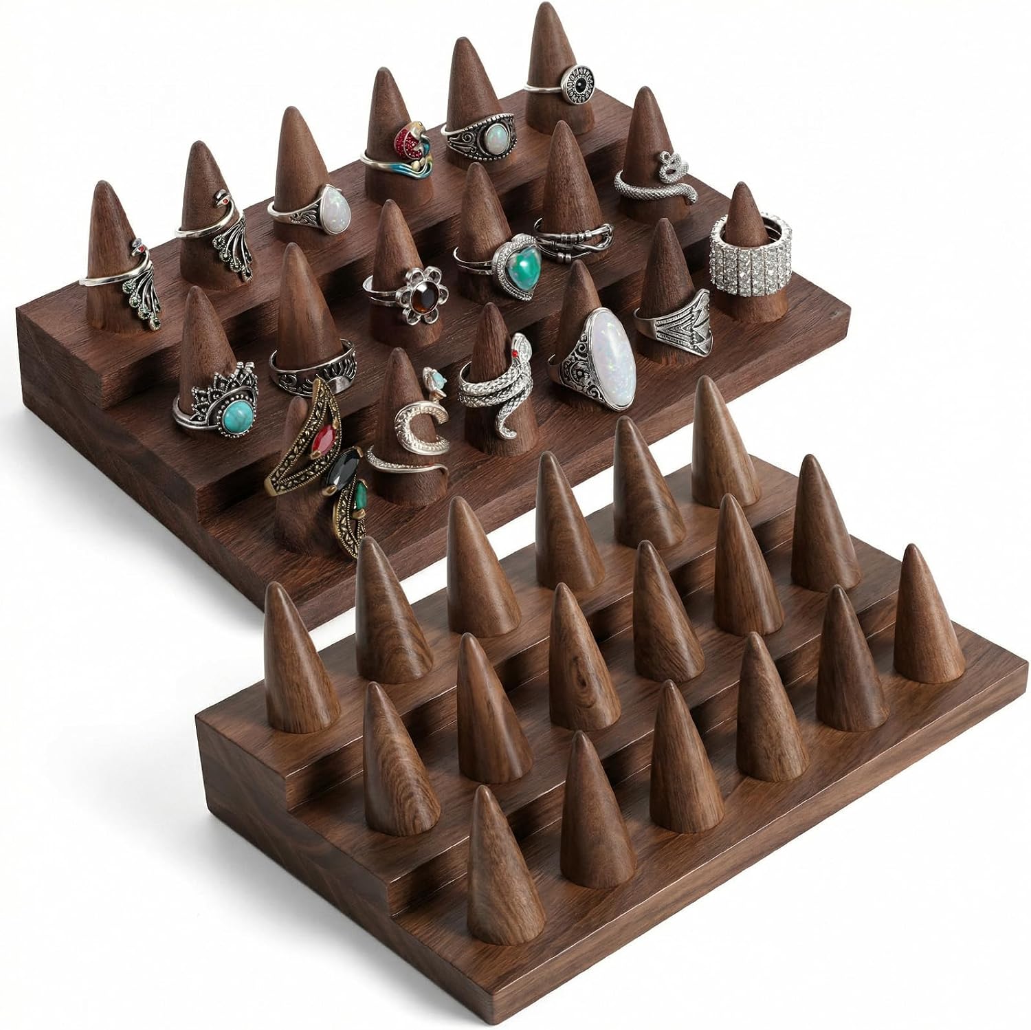 2 Pcs Wooden Ring Display Stand, 3-Tier Ring Organizer with 18 Fingers, Jewelry Showcase Holder for Storage & Selling, Compact Brown Desktop Rings Holder for Vendors & Home