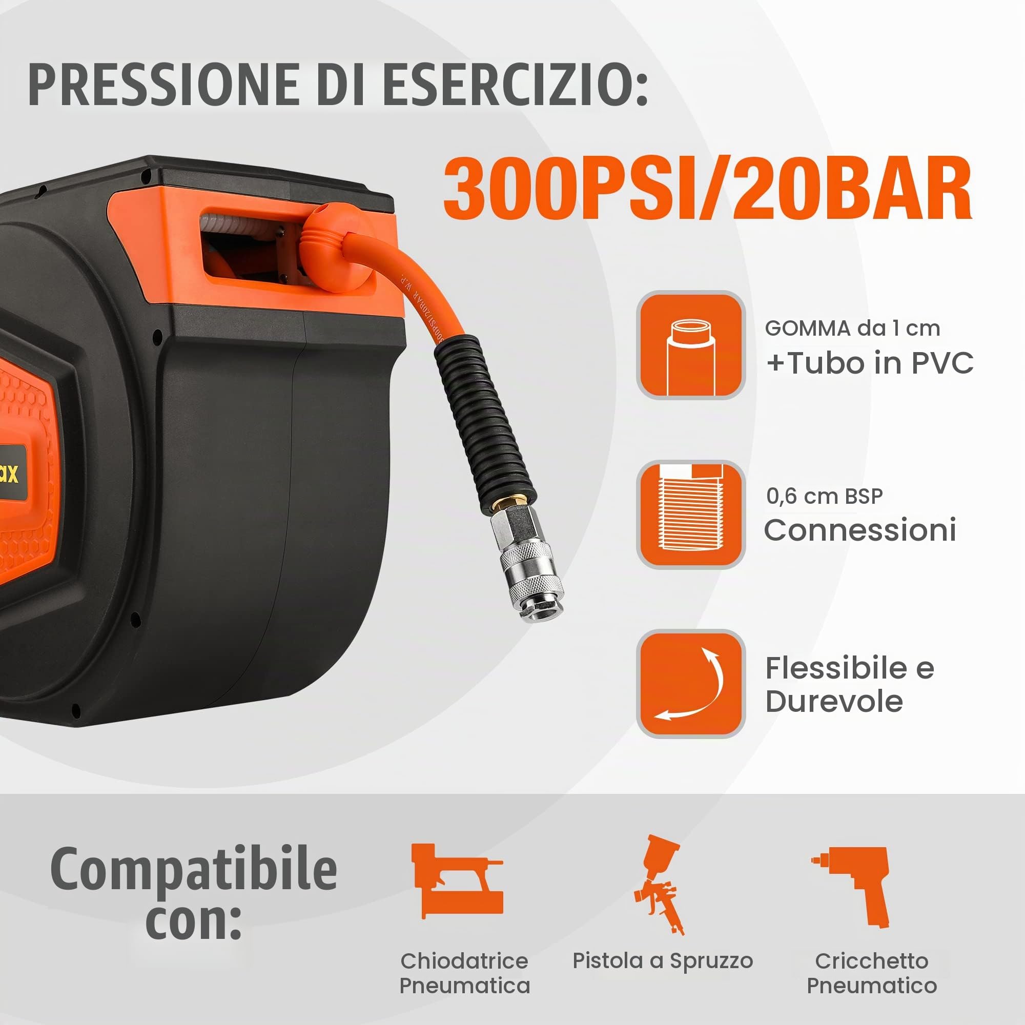 ValueMax Avvolgitubo Aria Compressa 15m+1,5m, Avvolgitubo Pneumatico con Attacco Rapido BSP da 1/4", Dispositivo di Arresto Automatico e Riavvolgitore Automatico