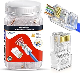 AOWIZ RJ45 Cat6 Cat6a Connector Pass Through 23AWG 100-PACK Gold Plated 8P8C Ethernet Ends for Unshielded Twisted Pair Solid Wire & Standard Cables