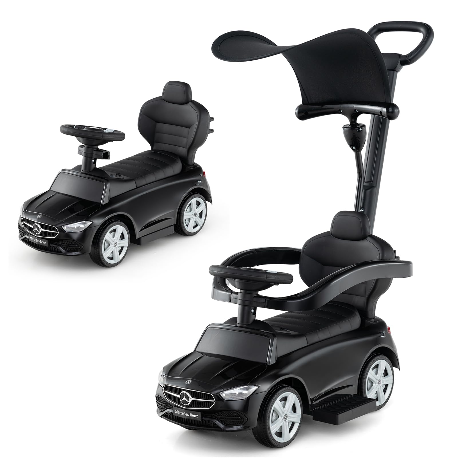COSTWAY 3 in 1 Ride on Push Car, Mercedes-Benz Licensed Toddler Sliding Car with Steering Handle and Wheel, Horn, Adjustable Canopy, Foot to Floor Slider for Boys Girls 18-36 Months Old (Black)