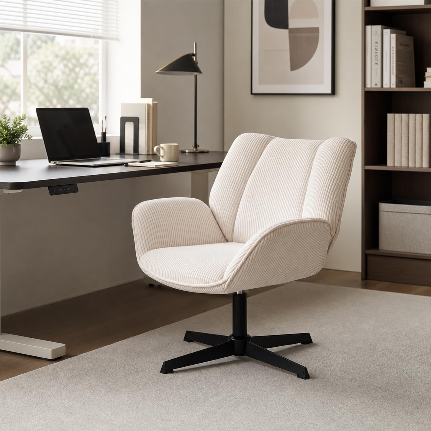 MEUBLE COSY Silla de Oficina Giratoria 360°, Altura Ajustable, Acolchada con Espuma en Tela de Pana, para Escritorio Estudio, sin Ruedas, Beige