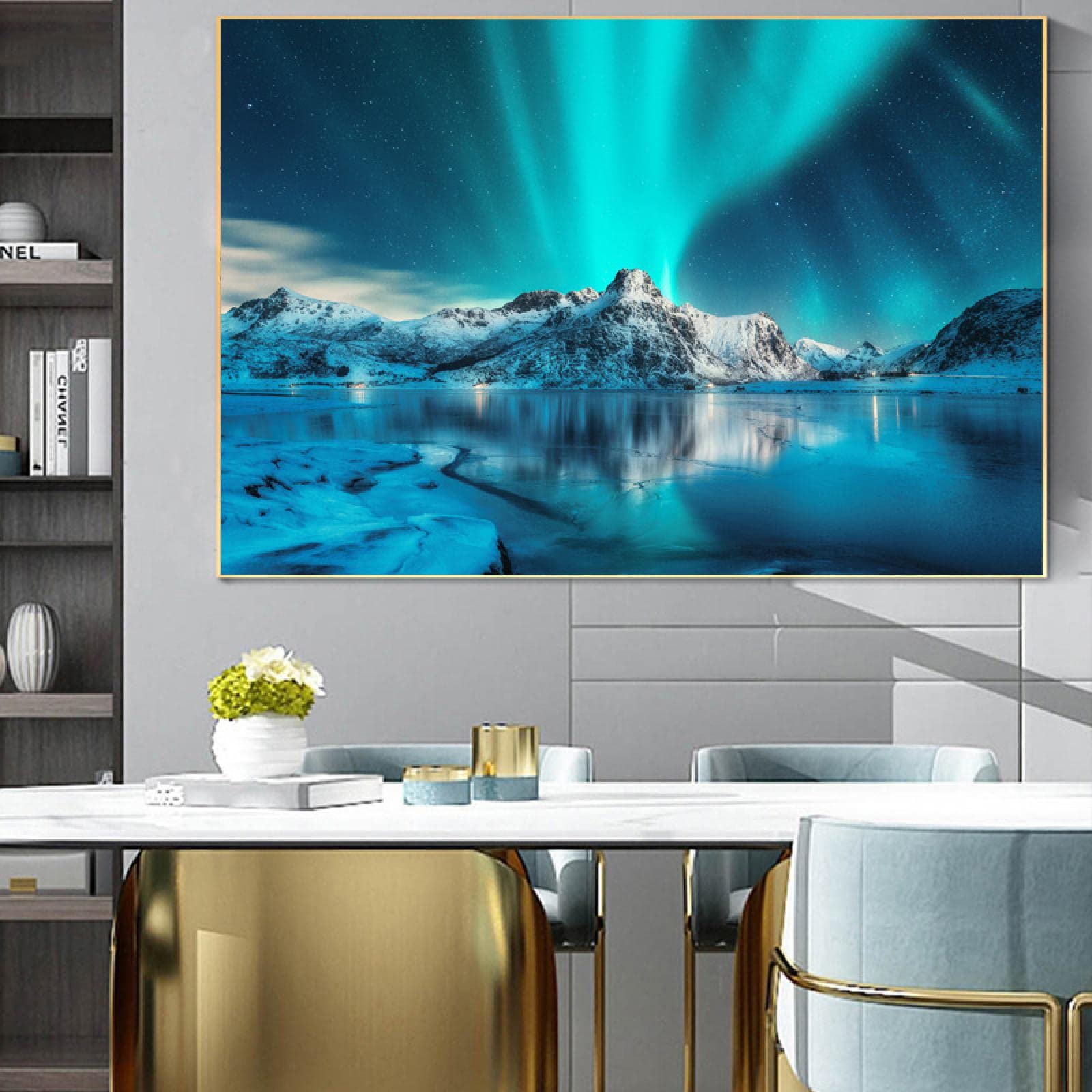 Aurora Borealis Panoramic Canvas Wall Art. Natural Landscape