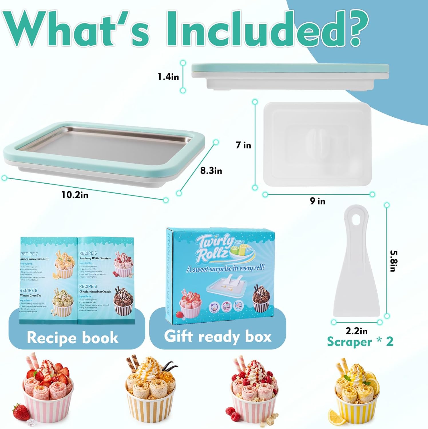 Premium Rolled Ice Cream Maker Kit w/Lid. Recipe Book, Stainless Steel Ice Cream Tray, 2 Spatulas,& Gift Ready Box. Homemade Ice Cream Maker. Instant Ice Cream Roller Maker (Mint Green)
