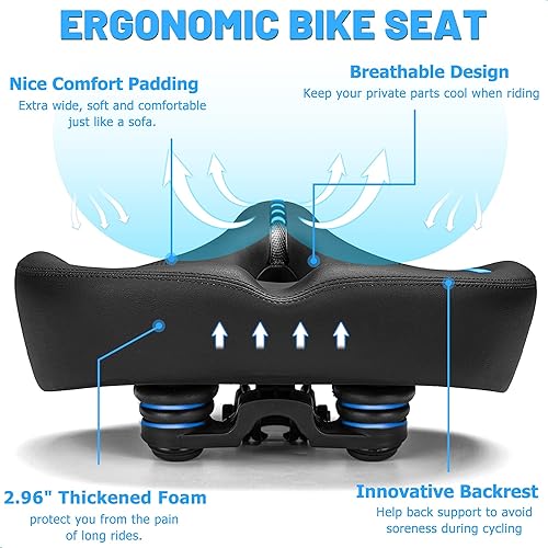 Miniatura 4 de Asiento de bicicleta de gran tamaño para hombres y mujeres, cojín de asiento de bicicleta extra ancho, cómodo respaldo suave acolchado, sillín de
