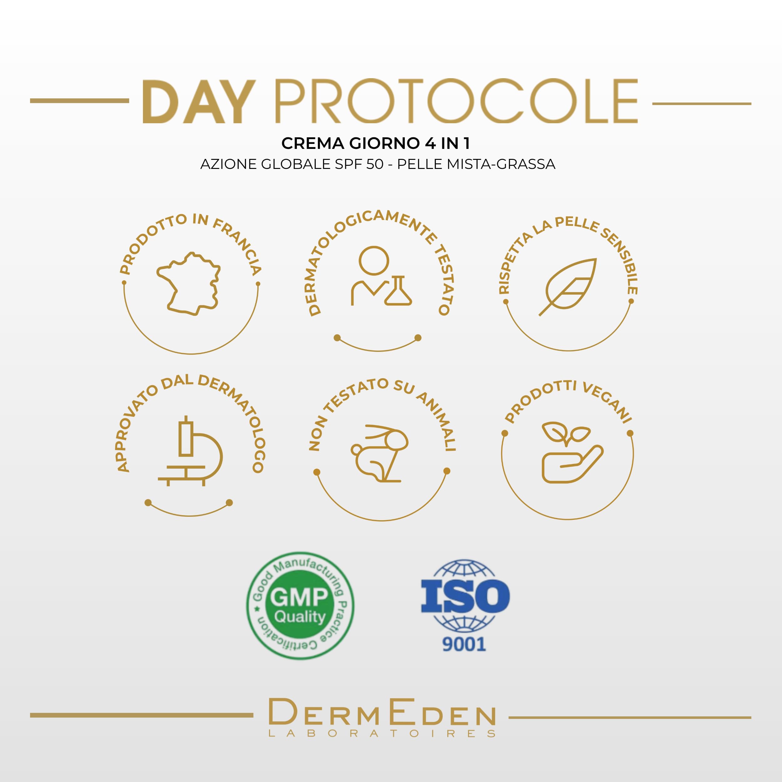 DermEden - Crema da giorno 50 ml per pelli da miste a grasse SPF 50-4 azioni in 1 - Protezione completa contro gli effetti nocivi della luce - Anti-macchie e anti-infiammatorio - Prodotto in Francia