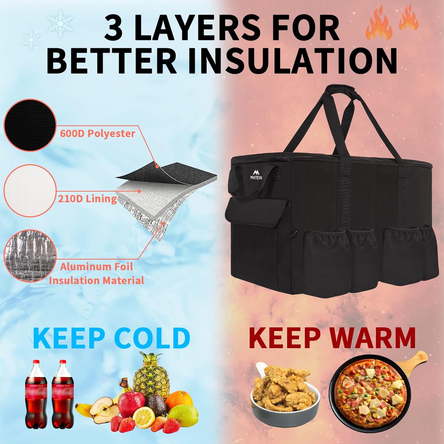 Food Delivery Bag XXL - 23x14x15 inches，Water Resistant Large Insulated Hot Bags for Delivery with Cup Holders, Durable Pizza Warmer Carrying Case - Catering Bag for Food Deliveries, Cooler Bag Black : Industrial & Scientific