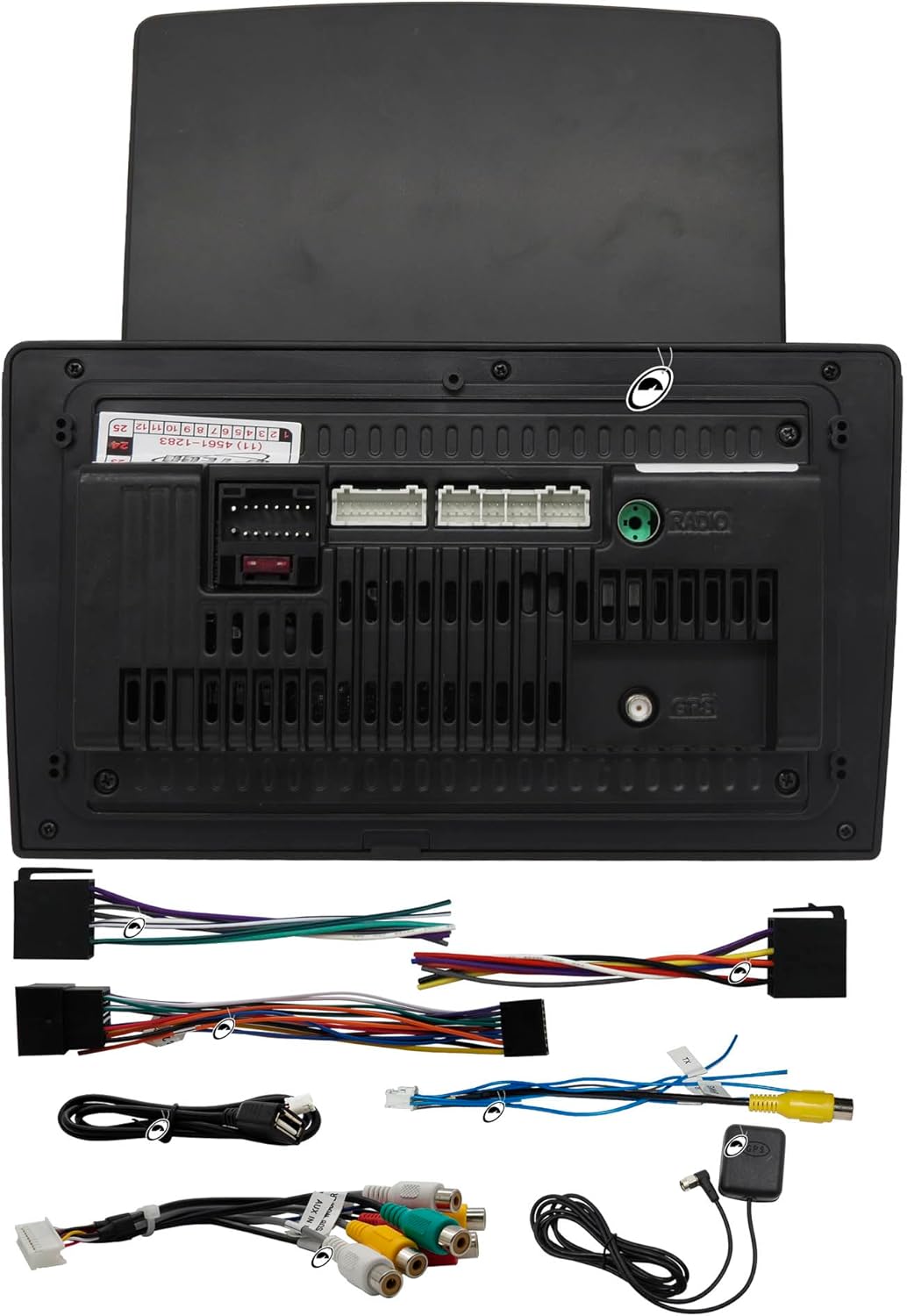 Арткы view of the H-TECH HT-9700CA multimedia system showing various ports and included wiring harnesses.