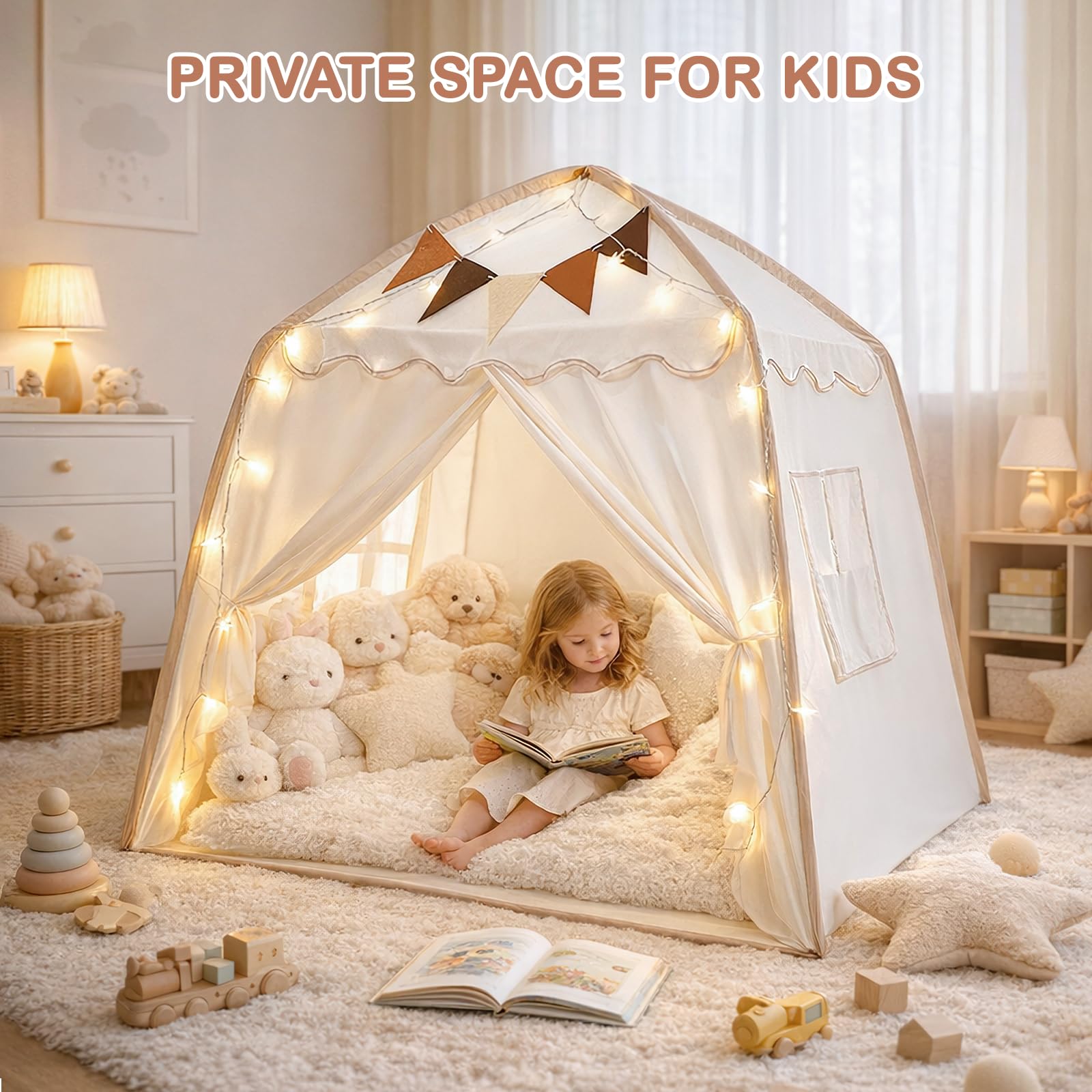 Tente Enfant, Cabane Enfant Intérieur avec Lumières et Drapeaux Tente de Jeu pour Enfants Princesse Tipi Cadeaux d'Anniversaire et de la Fête des Enfants Garçons Filles Décoration de Chambre d'Enfants