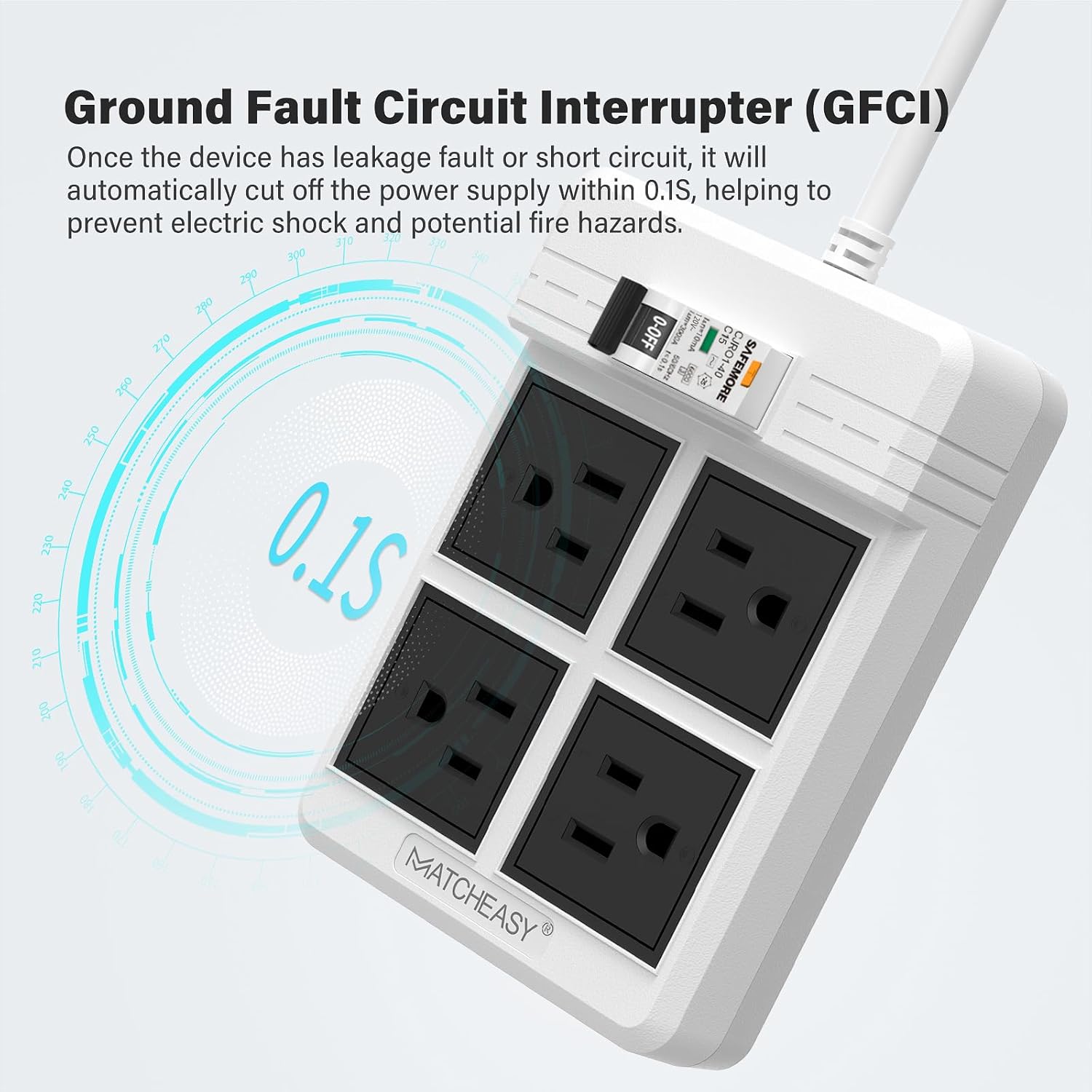 GFCI Power Strip with 4 Outlets, 6 FT Heavy Duty Extension Cord, 15A/1875W, GFCI Extension Cord with 10mA RCBO Circuit Breaker for Home/Factory Production Workshop/Garage/Indoor- White