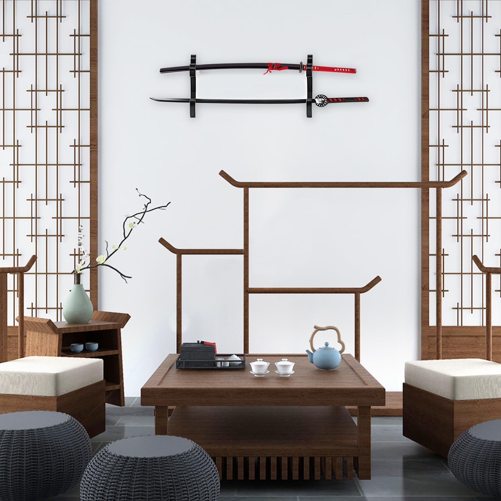 Set di 2 Porta Katana da Muro Ganci da Parete 2-Tier Supporto Spada Muro in Legno Regolabile Supporti Espositore per Spada Samurai Katana Wakizashi Slayer Weapon Rack (Nero)
