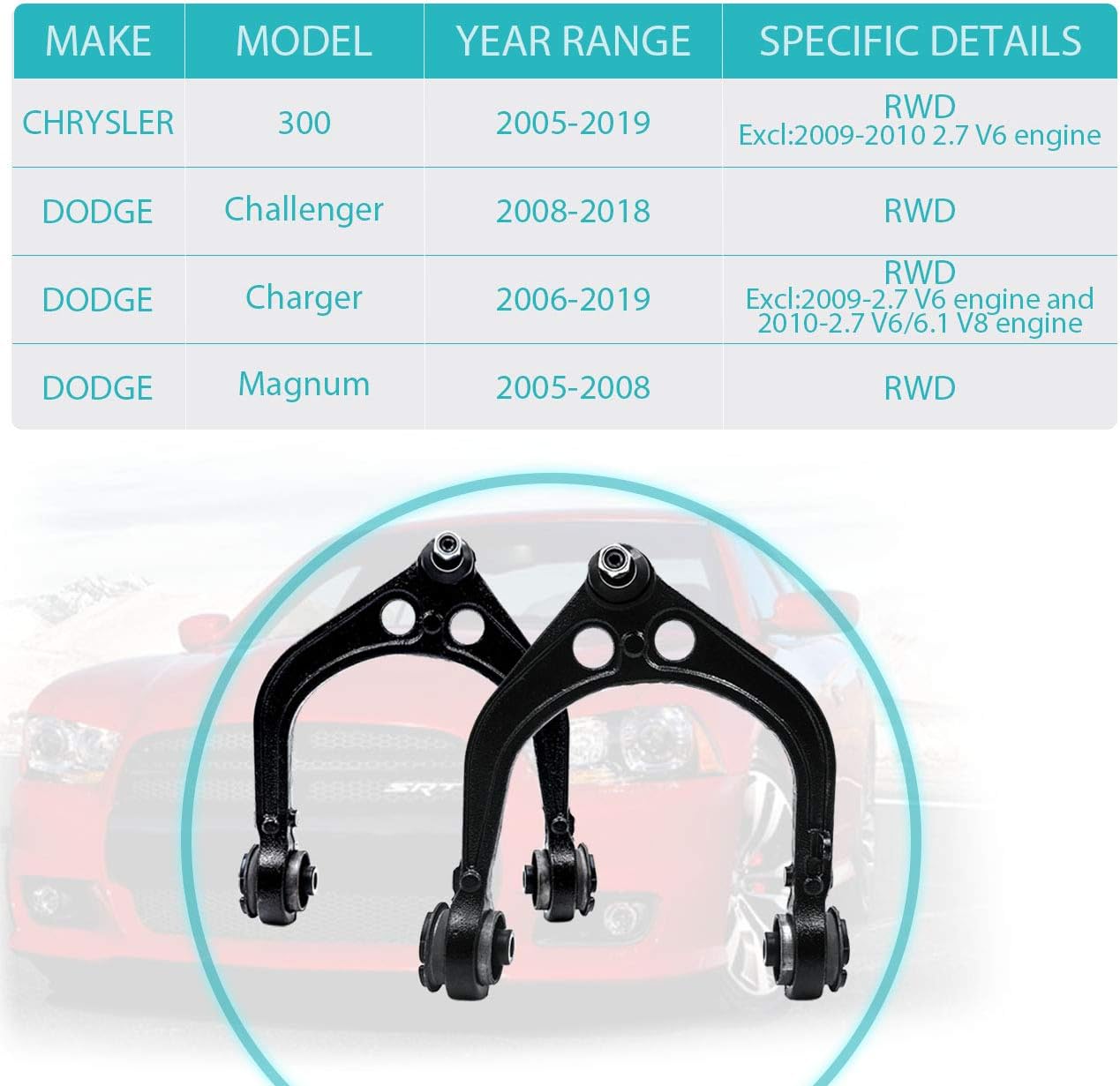 Front Upper Control Arm kit with Ball Joints Bushing K620177 K620178 Compatible with 2005-2019 Chrysler 300, 2008-2018 Dodge Challenger 2005-2008 Dodge Magnum 2006-2019 Dodge Charger -RWD