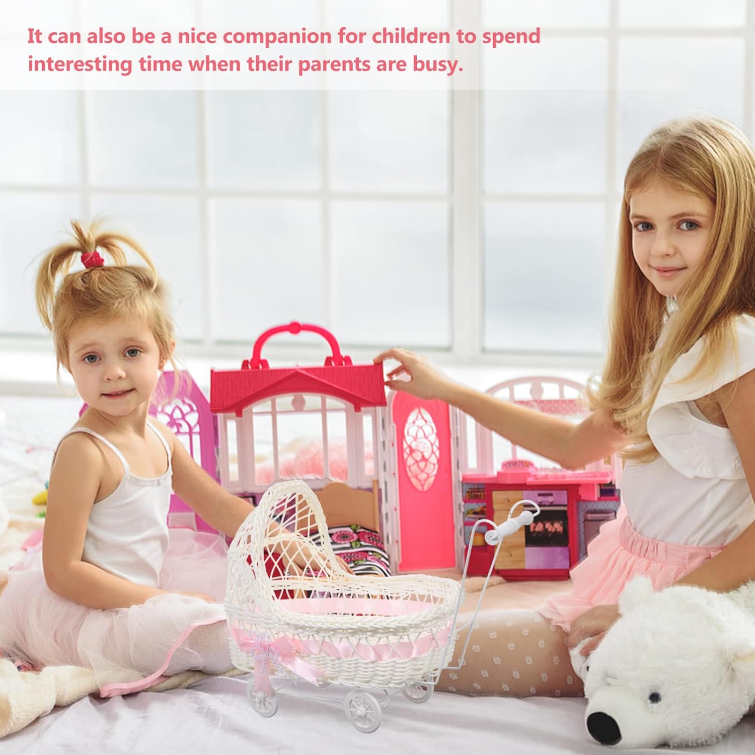 Kisangel Imitation Rattan Baby Carriage Basket 14.5X11.4 Inch Wicker Stroller Flower Basket for Baby Shower Centerpiece and Wedding Candy Display